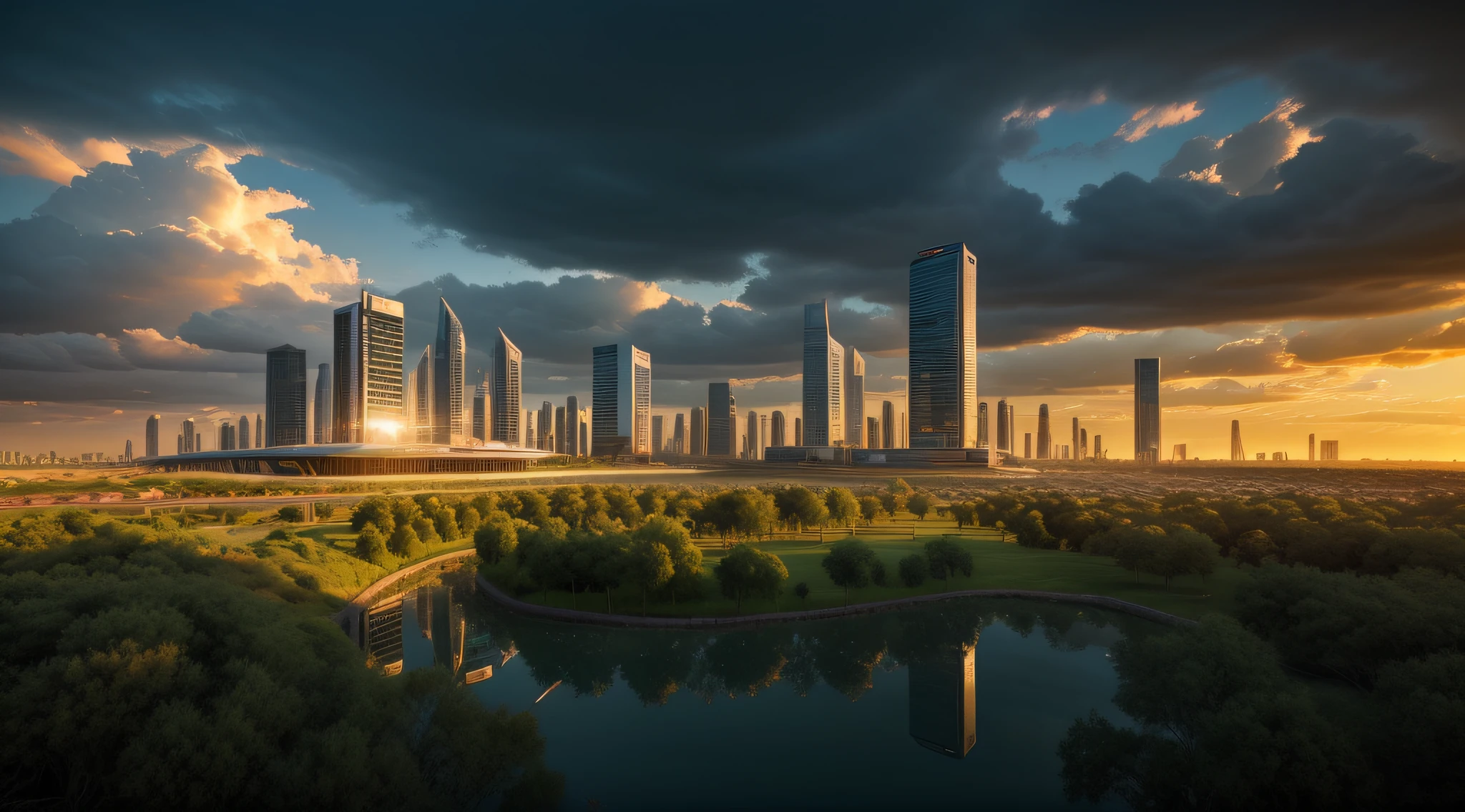 Ciudad futurista. Edificios de cristal y metal. Reflejos, metalizado. Parque, naturaleza, estanque. Muy detallado. Estilo anime. dynamic lights. volumetric clouds. Atardecer.