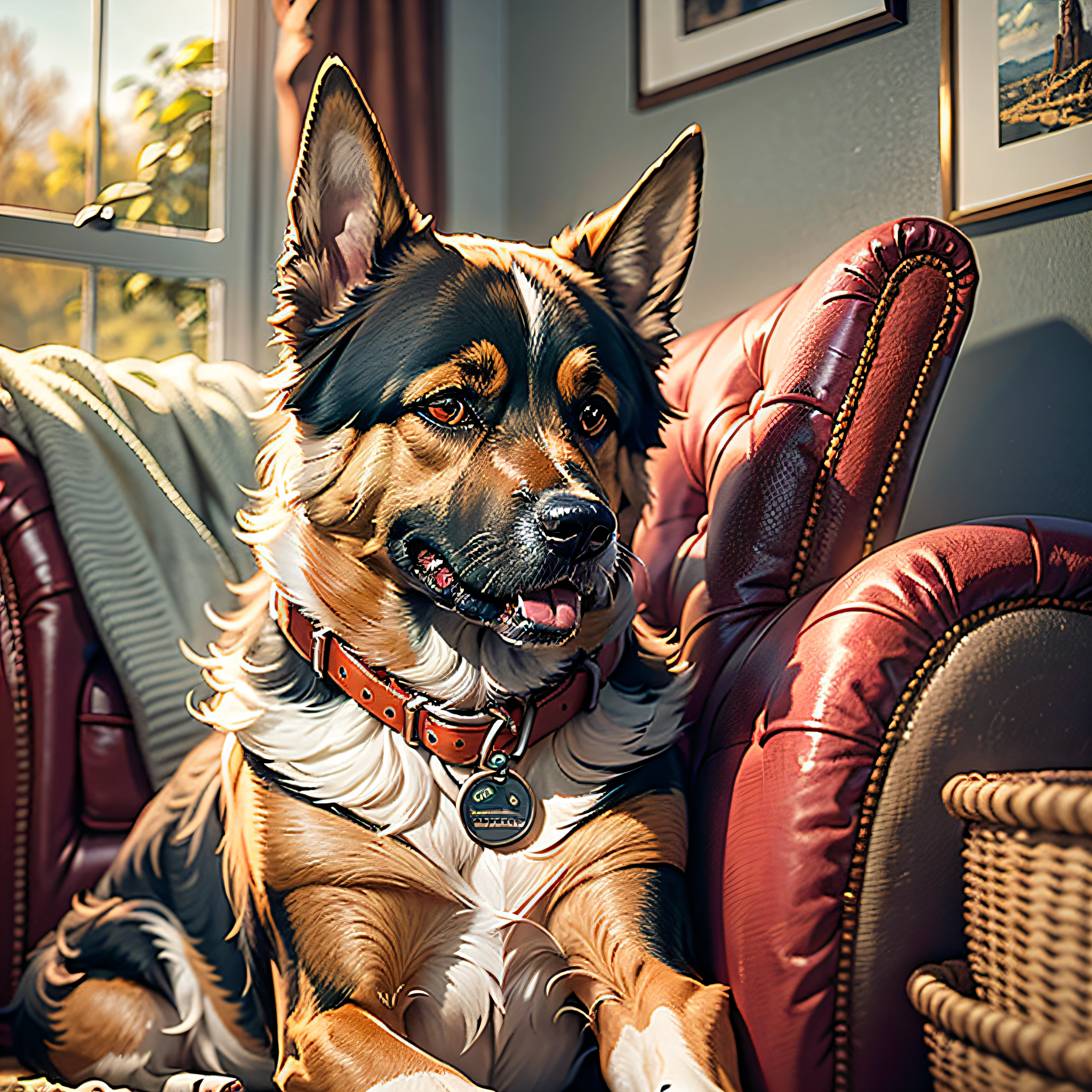German shepherd dog sitting in a red armchair, high definition, artwork, realistic, oil painting