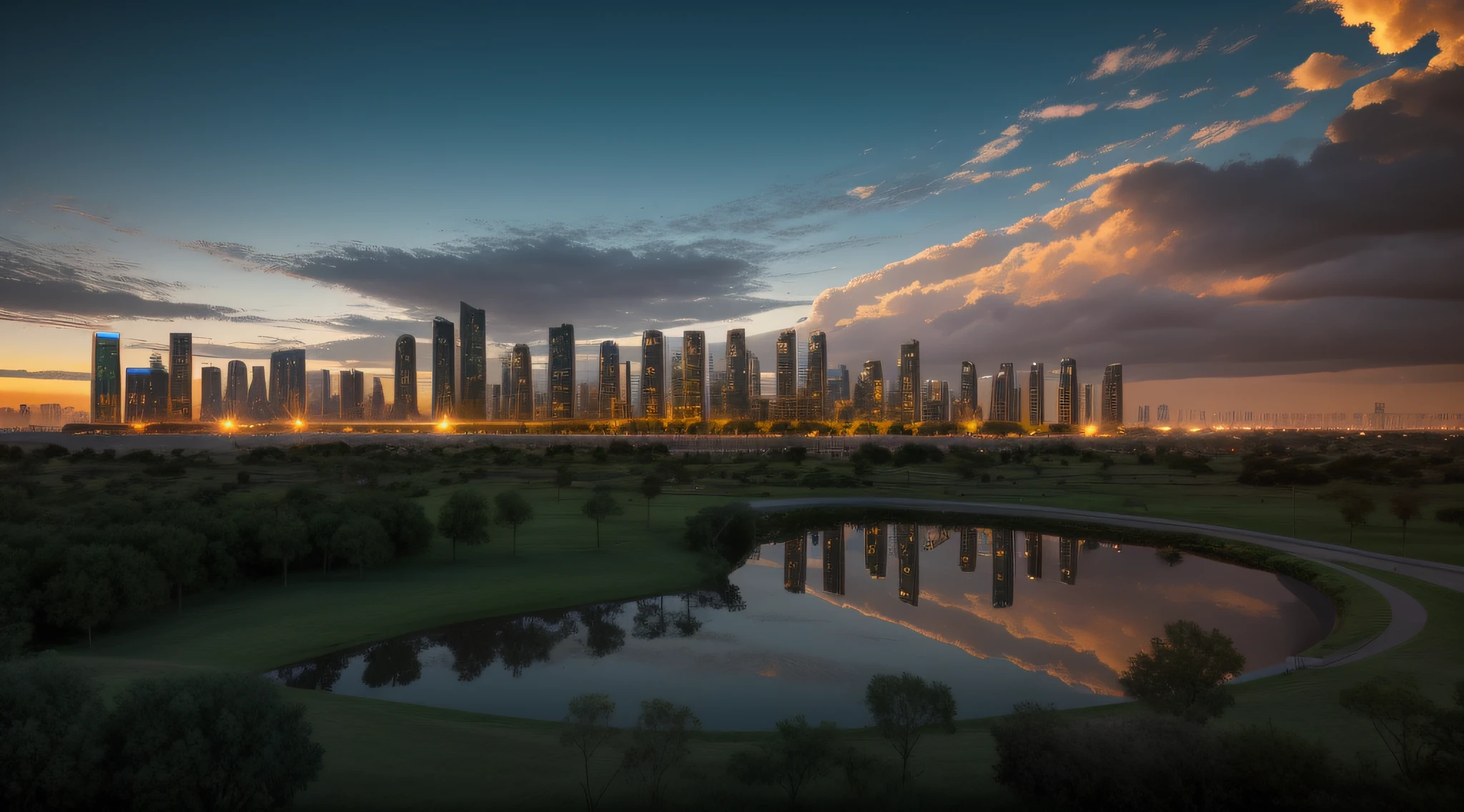 Ciudad futurista. Edificios de cristal y metal. Reflejos, metalizado. Parque, naturaleza, estanque. Muy detallado. Estilo anime. dynamic lights. volumetric clouds. Atardecer.