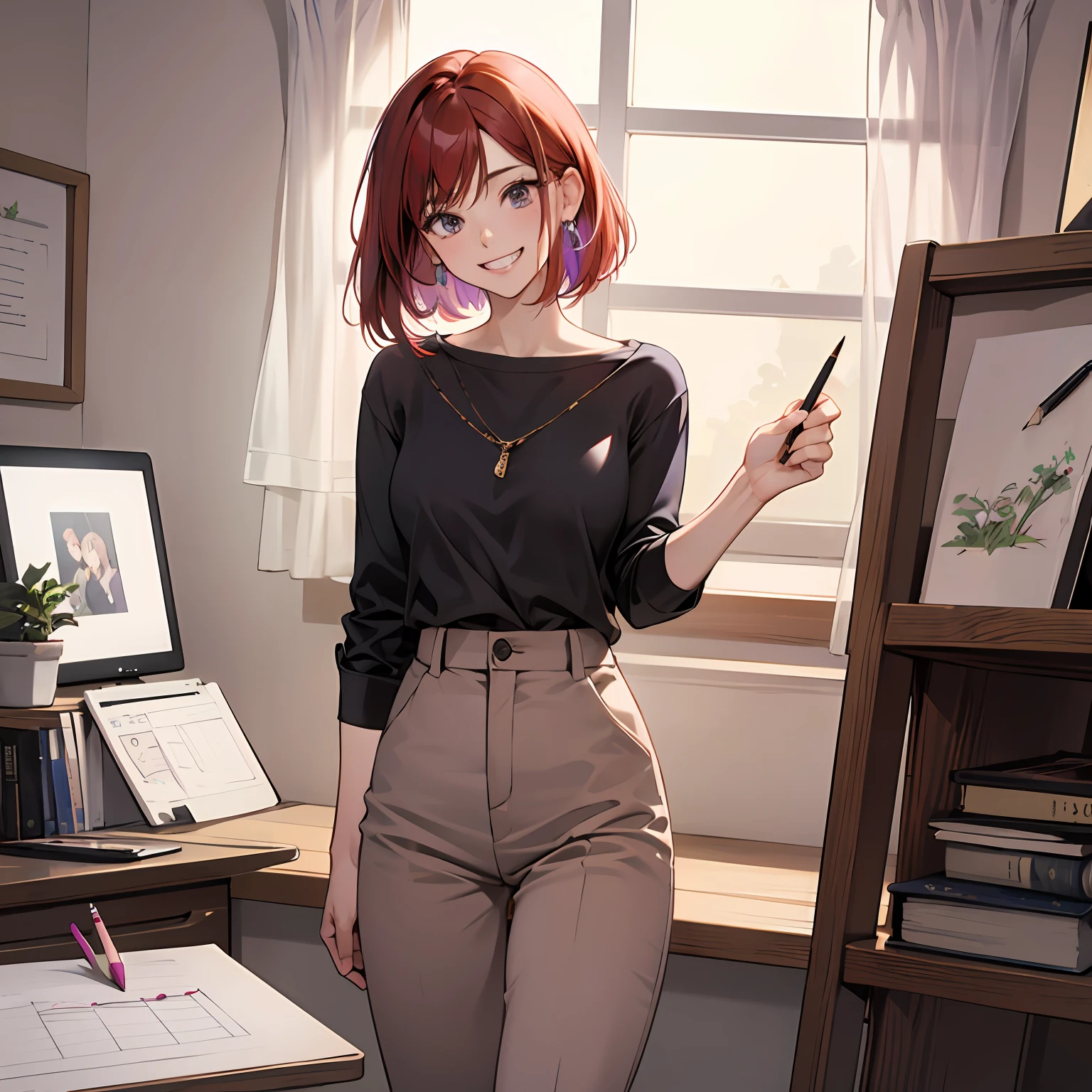 Redhead，a women，Around 30 years old，grin，Purple top，brown trousers，Jirou legs，pencil，sketching，4K --auto