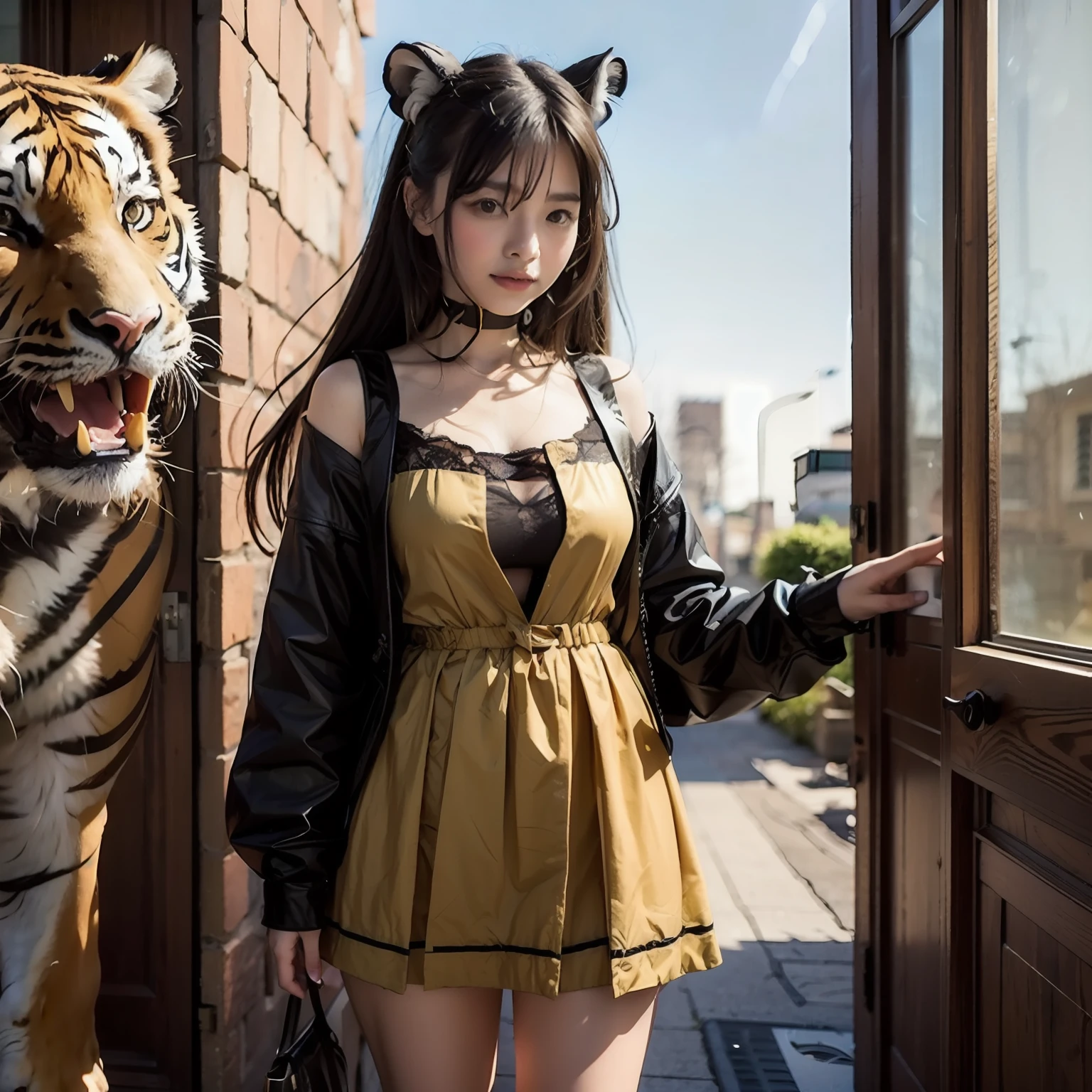 there is a woman standing next to a tiger in a doorway, attractive cat girl, An ultra-high picture quality、a photo