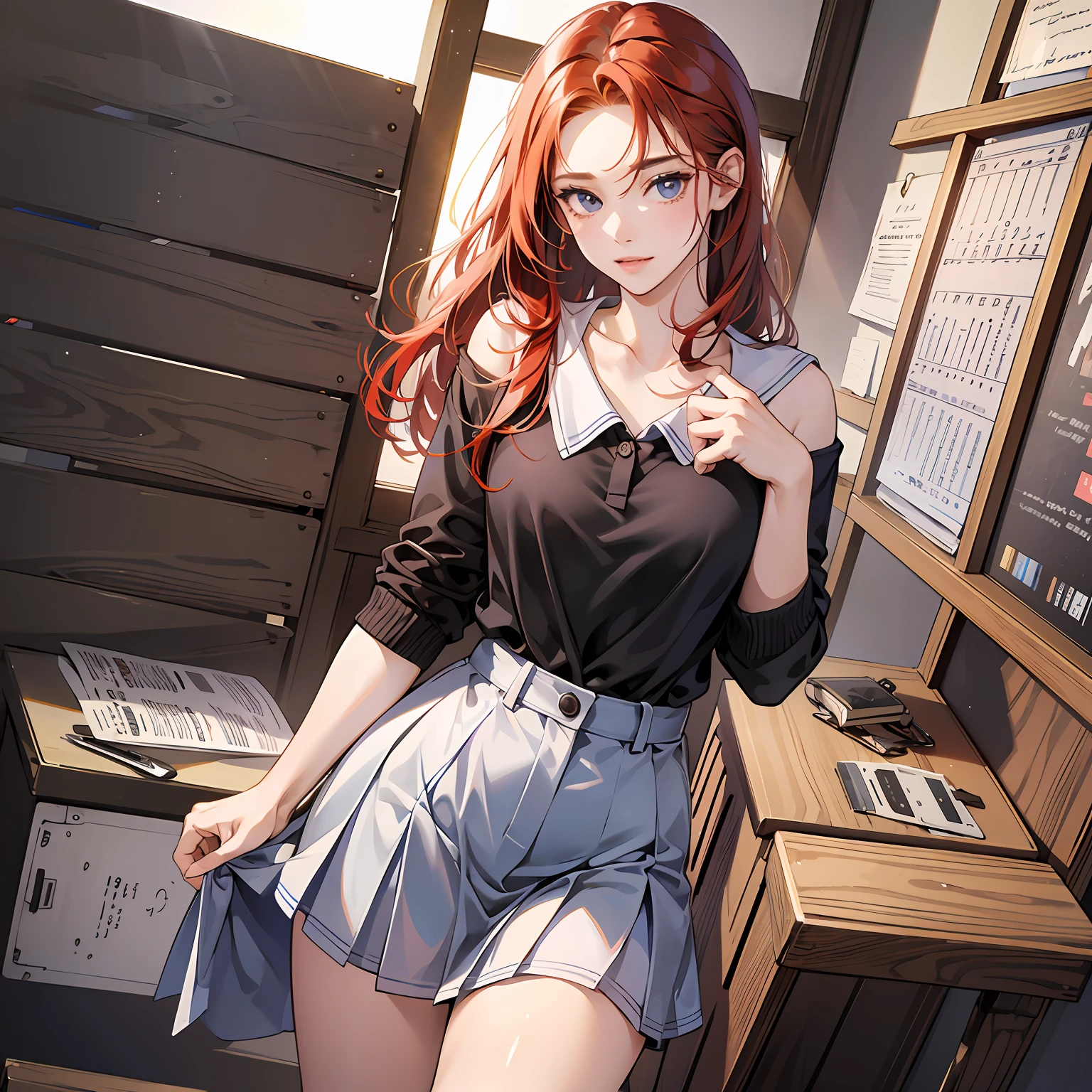 Redhead,a women,Around 30 years old,grin,Purple top,brown trousers,Jirou legs,pencil,sketching,4K --auto