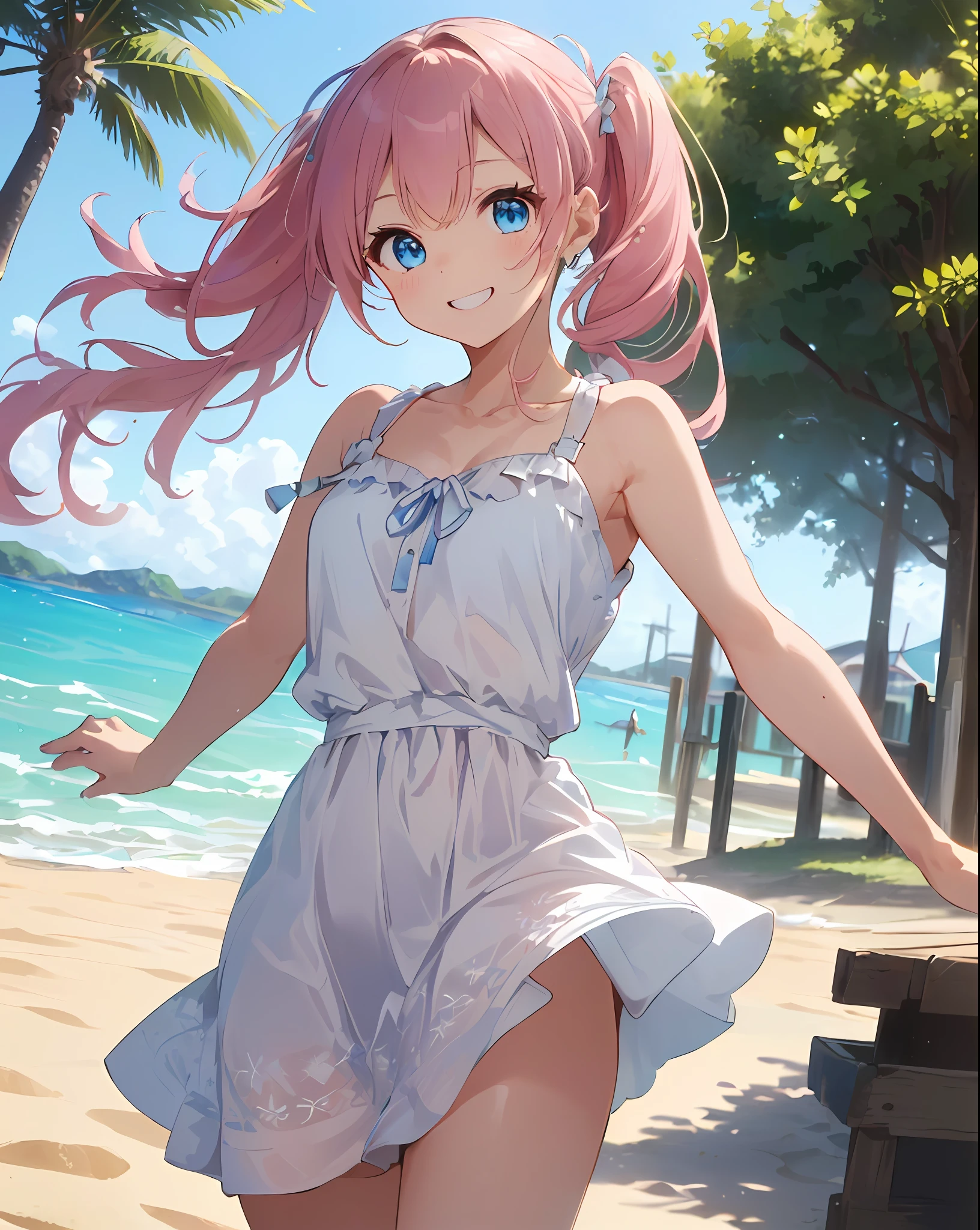 ((巨作))、((beste Quality)、(Super Detail)、8K、Delicate depictions are filmed in anime style,
break,
(extra very long hair、Pink hair and bright blue eyes、)(twintails)Her blue eyes are highlighted, Petite,break,
The overall tone is brighter、she is smiling. ((She wears a white summer dress)),(the skirt is swaying in the wind),
break,
((Summer sandy beach))、((Shine ,Fantastic)),
break,((a whole body)),Tilt your hips and pose glossily,Turned