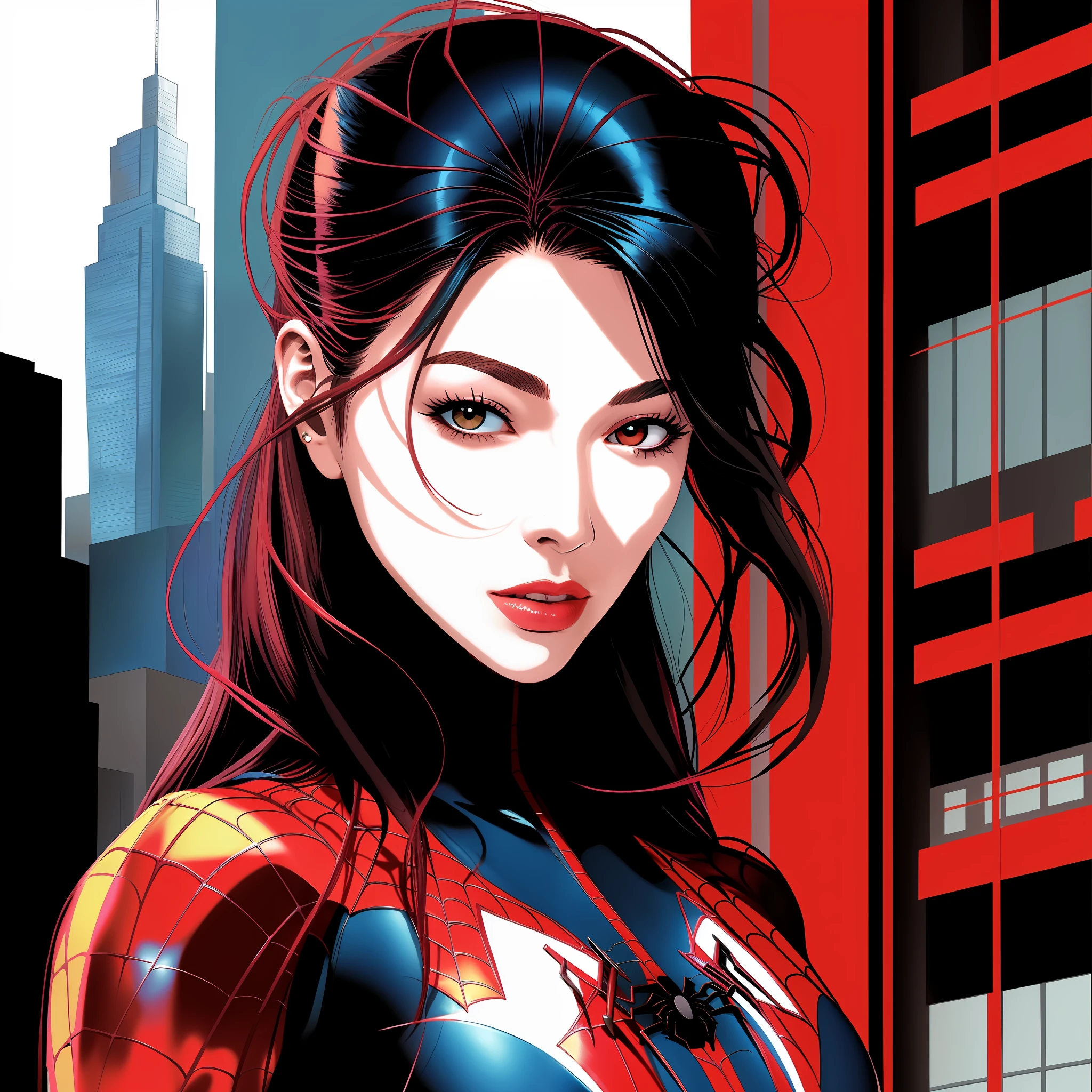 a woman in a red and black suit standing in front of a tall building, ( ( Mulher-Aranha ) ), Mulher-Aranha!!!!!, Mulher Aranha, Mulher-Aranha!!, trending artgerm, Tran Ross!!!, Chris Moore. Artgerm, Estilo Artgerm, Artgerm e RossDrew, Spider - Estilo Art Verse, Aranha - Gwen, Gwen-aranha