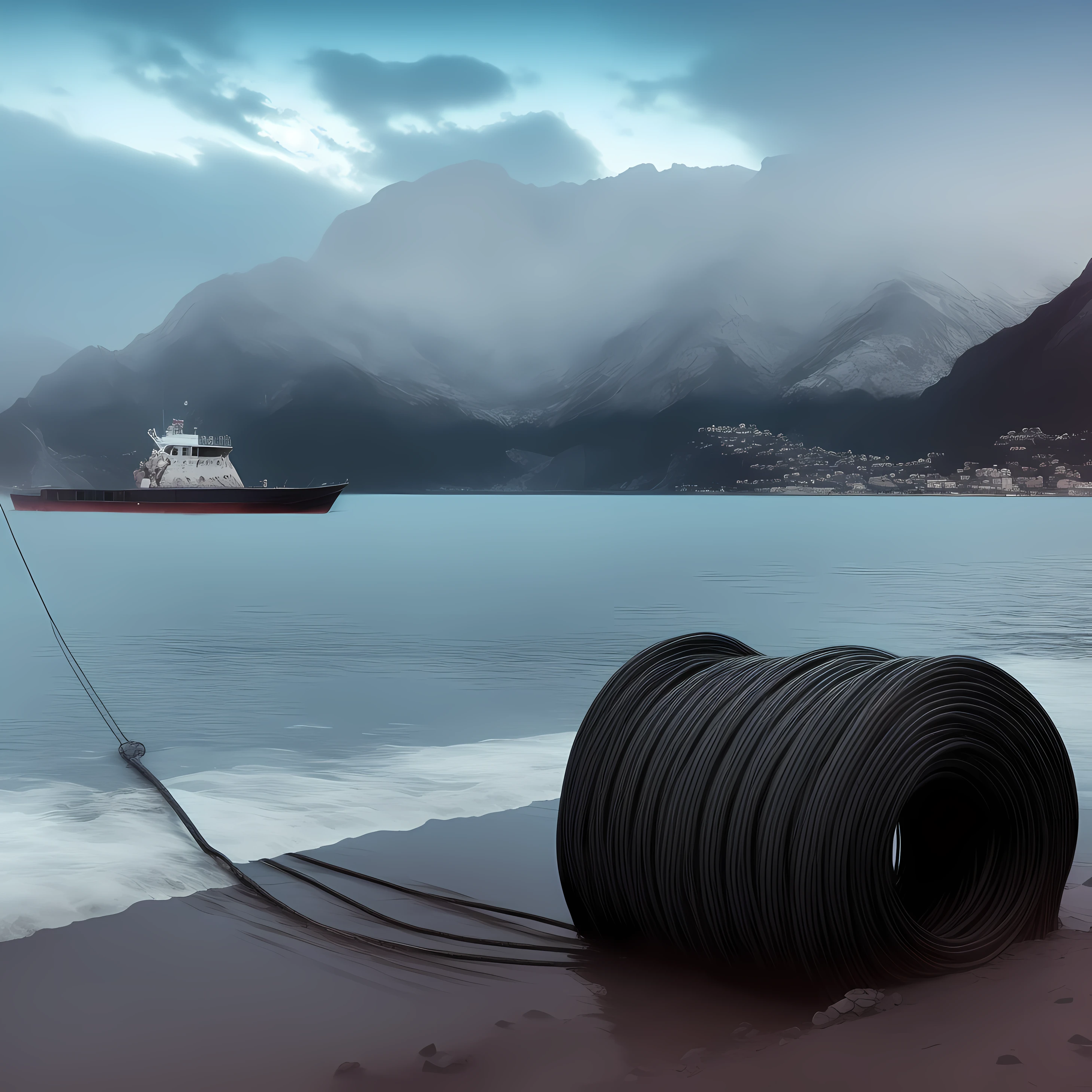 there is a large boat in the water near a rope, floating power cables, thick cables on ground, alexey egorov, motivational, detailed conceptual photography, interesting composition, by Jeffrey Smith, by Alison Geissler, wired landscape, lpoty, cables, extremely detailed photography, unusual composition, by Etienne Delessert, max rive