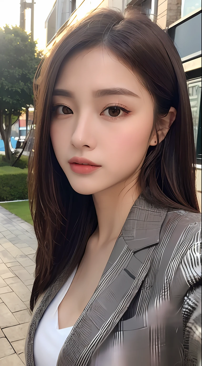 ((Realistic lighting、HighestQuali、8K、巨作:1.3))、Clear Focus:1.2、1girls、Perfect figure:1.4、Slim abs:1.1、((dark brown hair))、(suits)、(al fresco、夜晚:1.1)、Street、Super fine face、Narrow-eyed、Double eyelidd、