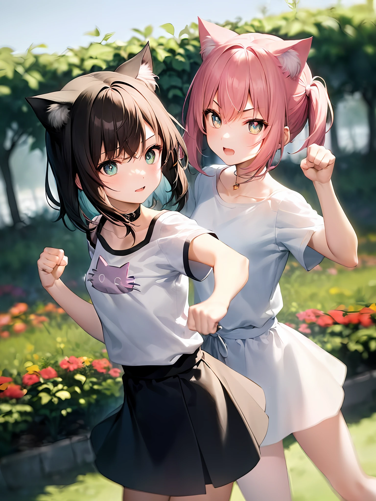 1girls, (Single person:1.2)，(巨作:1.2), (Best quality:1.2), High-waisted skirt, break [Blue:pink:0.5] theme, (gradient backgrounds :1.1), Cowboy shot, Cinematic light，(Perfect hand 1.5)， Break through pink hair, short-length hair, Cat ears， (White top:1.2), (Black miniskirt:1.2)，(White sneakers:1.2)，Beth，Blue eyes，(Cat pupils:1.2)， Slender beautiful legs，cat tails，make a fist，fighting pose，Garden background