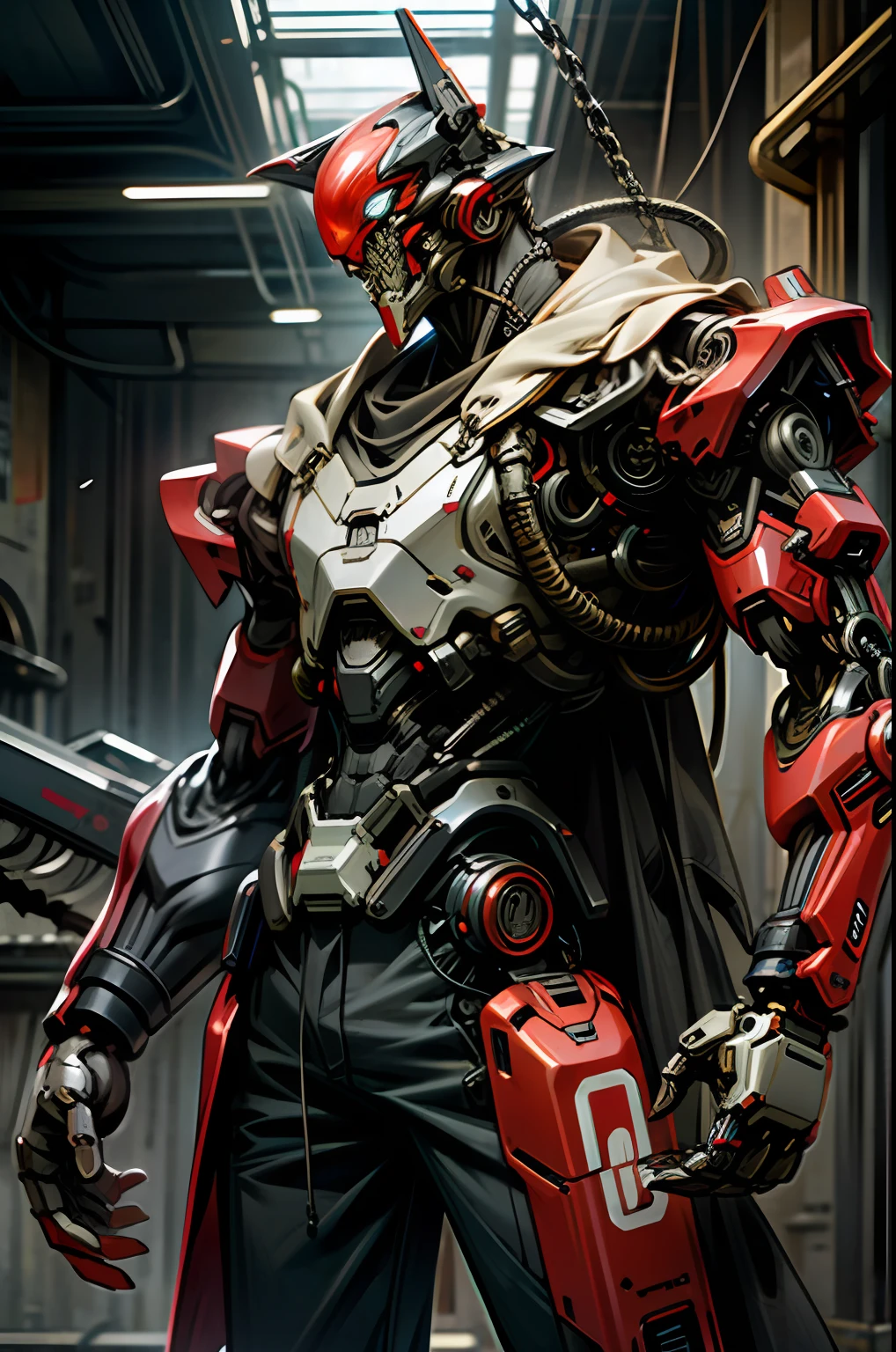 Dark_Fantasy,Cyberpunk,(chain saw,chain saw man,Red:1.1),1man,Mechanical marvel,Robotic presence,Cybernetic guardian,