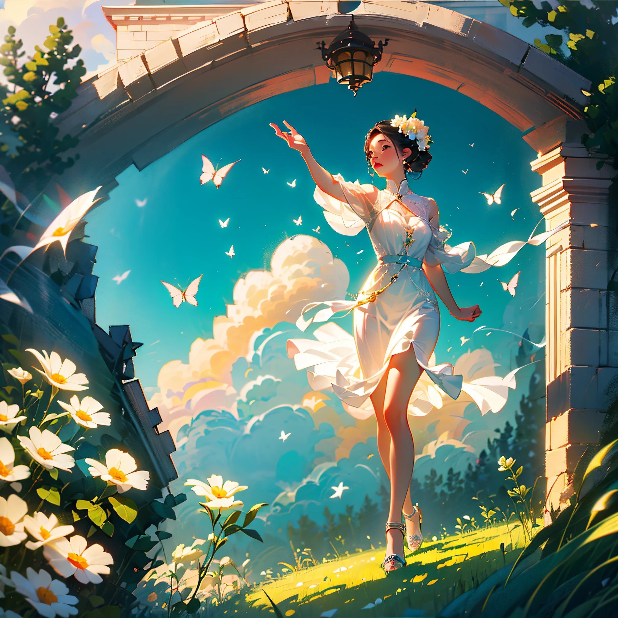 miaobishenghua  , [(white background:1.5)::5], 1 girl, mid shot, full body, butterflies, flowers,floating petal,stone fragment, beautiful detailed water,cloud,sun,dusk,sunset,beautiful detailed gate, --auto