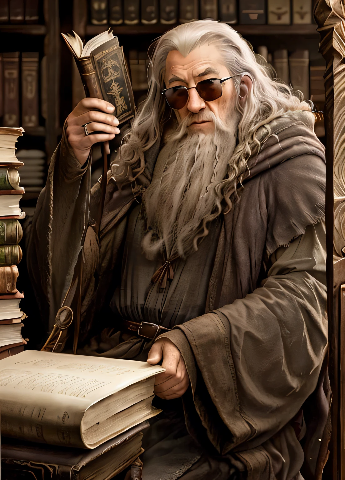 Gandalf sitting behind a desk full of books, with cycling style sunglasses