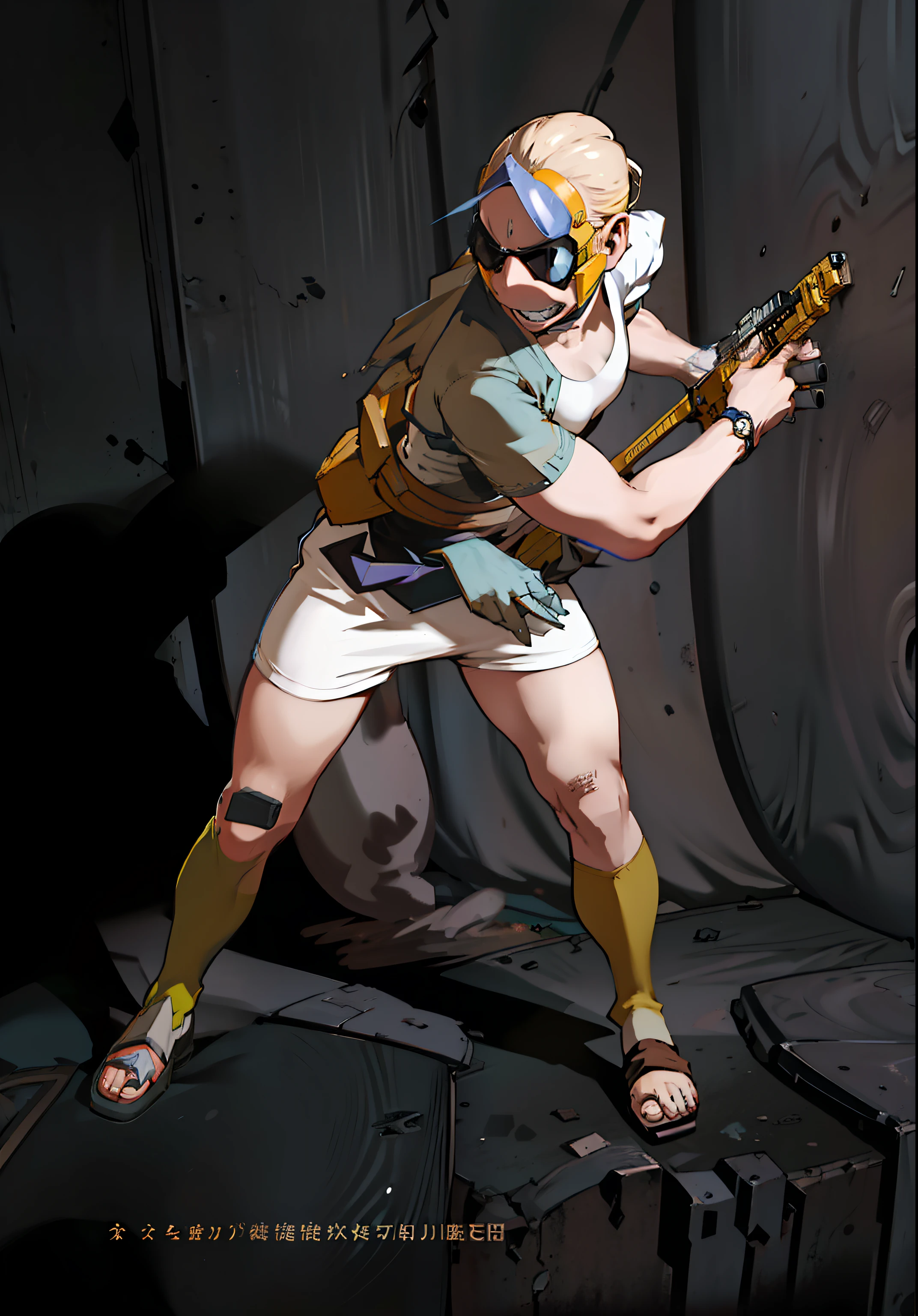 Hombre Soldado futurista sosteniendo un arma, Japanese, Ropa futurista, Botas militares cyberpunk, En pie, multicolor