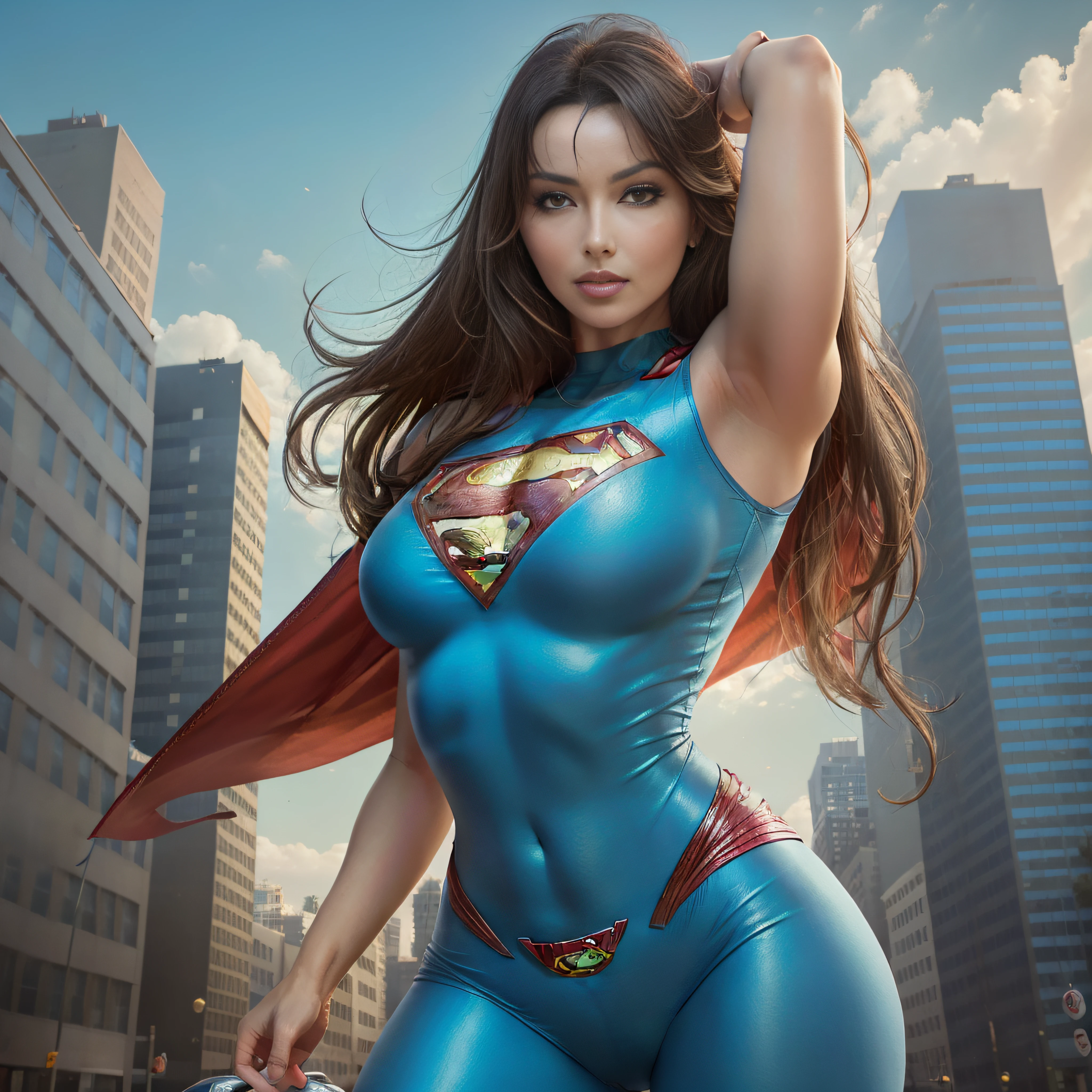 Monica Bellucci Superwoman, (female version of Superman), 8k, melhor qualidade, imagem real, detalhes intrincados, ultra-detalhado, campo de profundidade, (fotorrealista, realista: 1.2), obra-prima, foto de uma mulher heroica, superheroin, voando, paira no ar, imponente, poderosa, forte, classic Superman uniform, uniforme justo, botas vermelhas, colante azul, (calcinha vermelha por cima do colante), Fluttering red cape, olhos azuis, mulher bonita, mulher caucasiana, mulher ocidental, mulher americana, cabelos longos, cabelos pretos, melhor qualidade de imagem, realista, fotorrealista, (detalhes intrincados: 1.2), (detalhes intrincados: 1.2), (detalhado delicado), (cinematic lightin), linha clara, sharp-focus, rosto realista, rosto detalhado e lindo, Blue sky background and top of buildings (city of Metropolis in the background, Daily Planet in the background), Superwoman flutuando no ar, corpo escultural, corpo definido, seios grandes, Muscles, olho azuis, olhos azuis!, mulher madura bonita, muito bonita, elegante