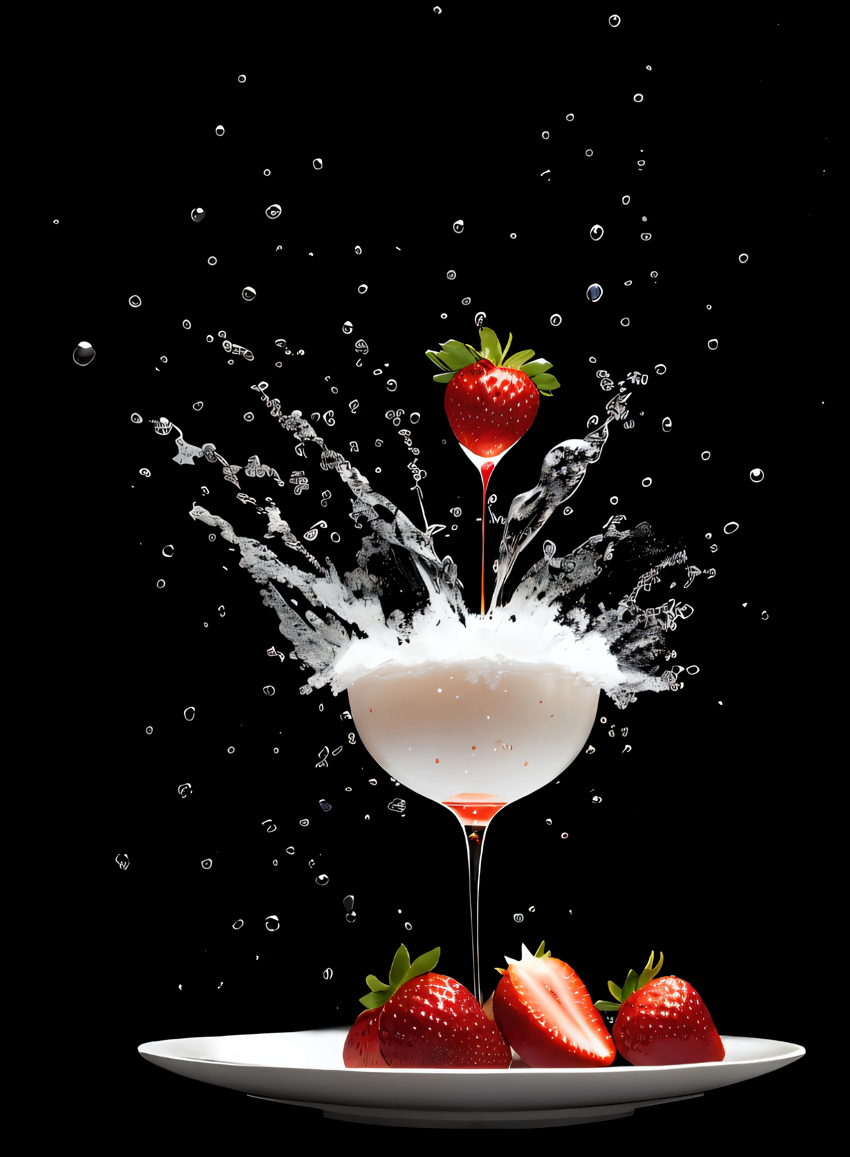 araffe splashing into a glass of liquid with strawberries on a plate, berries dripping juice, pouring, berry juice dripping, istock, by Matthias Stom, amazing shot, by Matt Stewart, by Tadashi Nakayama, colorful coctail, holiday season, on a black background, by Etienne Delessert, by Matthias Weischer, rendering, splashing