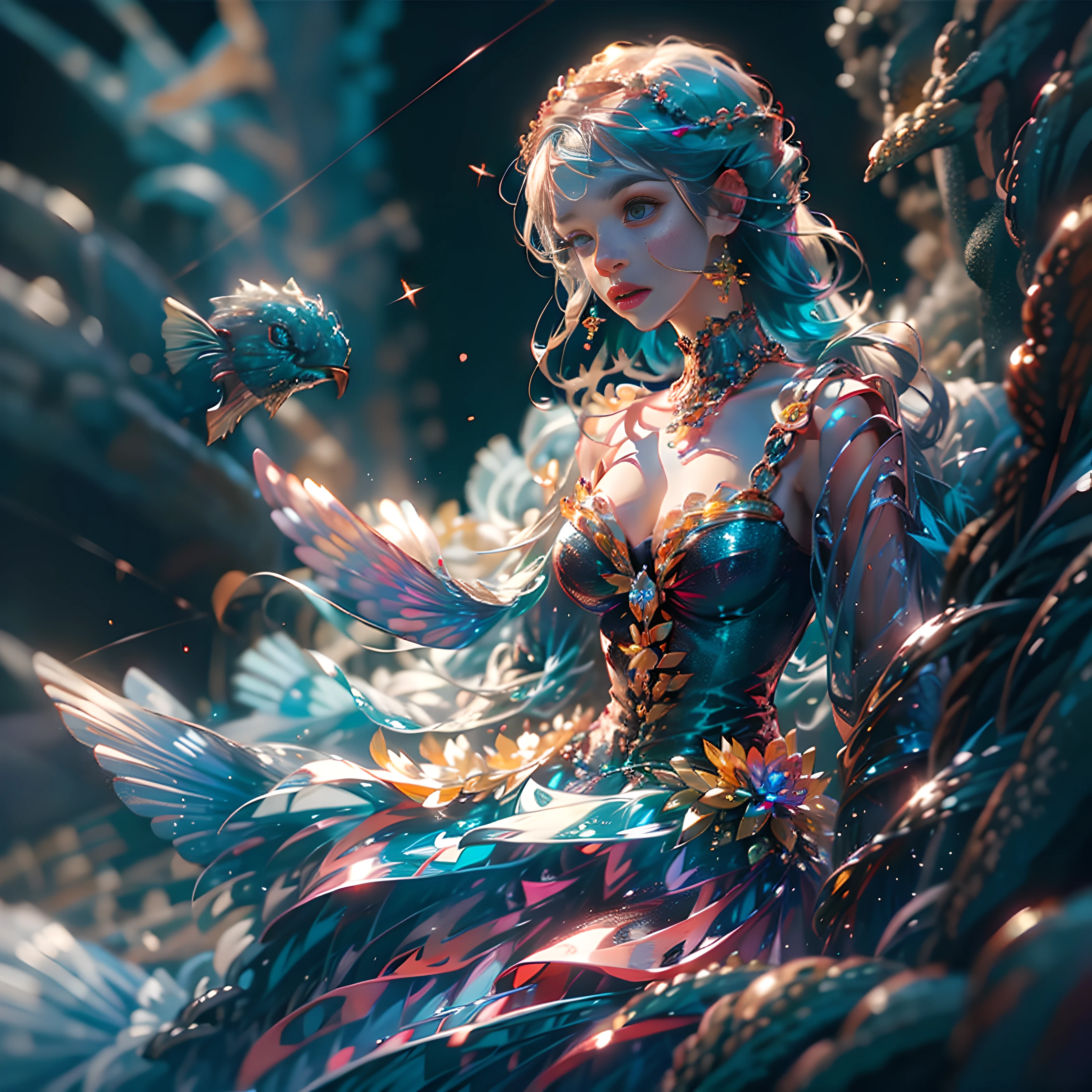 (((巨作))), Best quality, Ultra-detailed, Extremely detailed, sitting on rocks, mermaids, concentrating on her face, silver-white long hair, disheveled, necklace, Blue eyes, White skin,A fishtail,Five fingers, Attention to detail, sparkling golden light, surrounded by particle effects and wind, Full body shot, looking at the spectator, background is rocks and the ocean, night time with the moon and stars, a magnificent universe and aurora borealis, 4K resolution, High definition, SENSE OF CINEMA.photographs,highly resolution,4K,8K,Background bokeh,