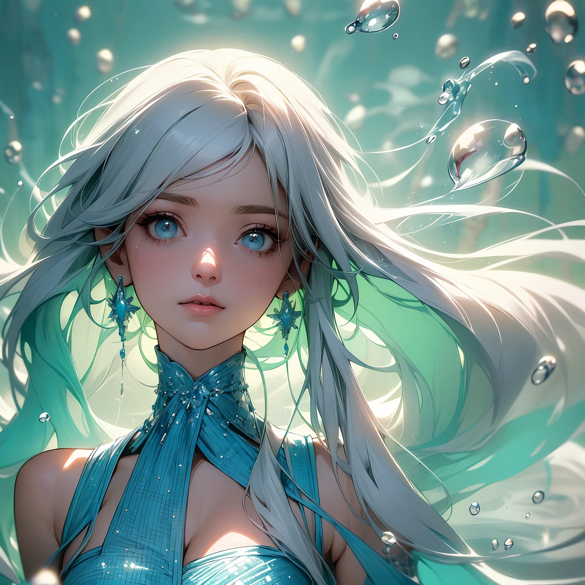 The falling drops turn into water spirits. The form of water gradually changes into human form..A water fairy appears in a pool of clear water where drops are falling.Fine brush, rough, detailed, soft and fantastic, (masterpiece, best quality), (finely detailed beautiful eyes), (finely detailed eyes and detailed face), (scenery), (ultra-detailed, best shadow), ((depth of field)), beautiful concept illustration, (illustration), (extremely fine and beautiful), (perfect details)