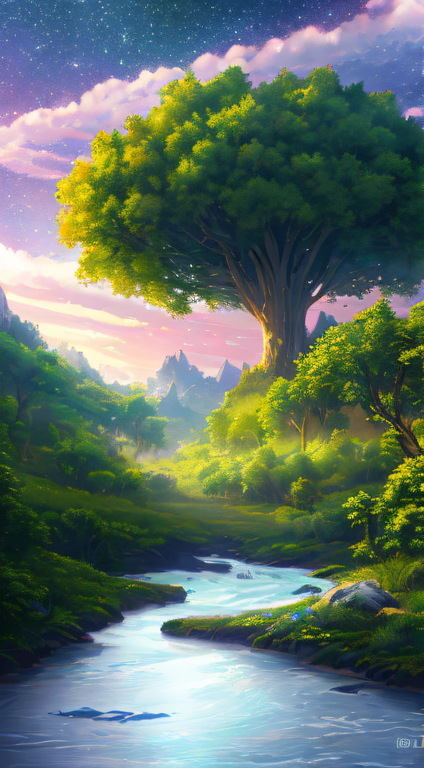 Illustration of a surreal, otherworldly, hyper sky scene including a giant crystal tree full body, highly detailed and magical lighting, intricate forest details, vegetation and surrounding river, solar punk, landscape, giant tree , beautiful green leaves, beautiful lighting and realistic proportions, as if this is a movie background, 8k, highest quality, masterpiece, clouds and stars in the sky.