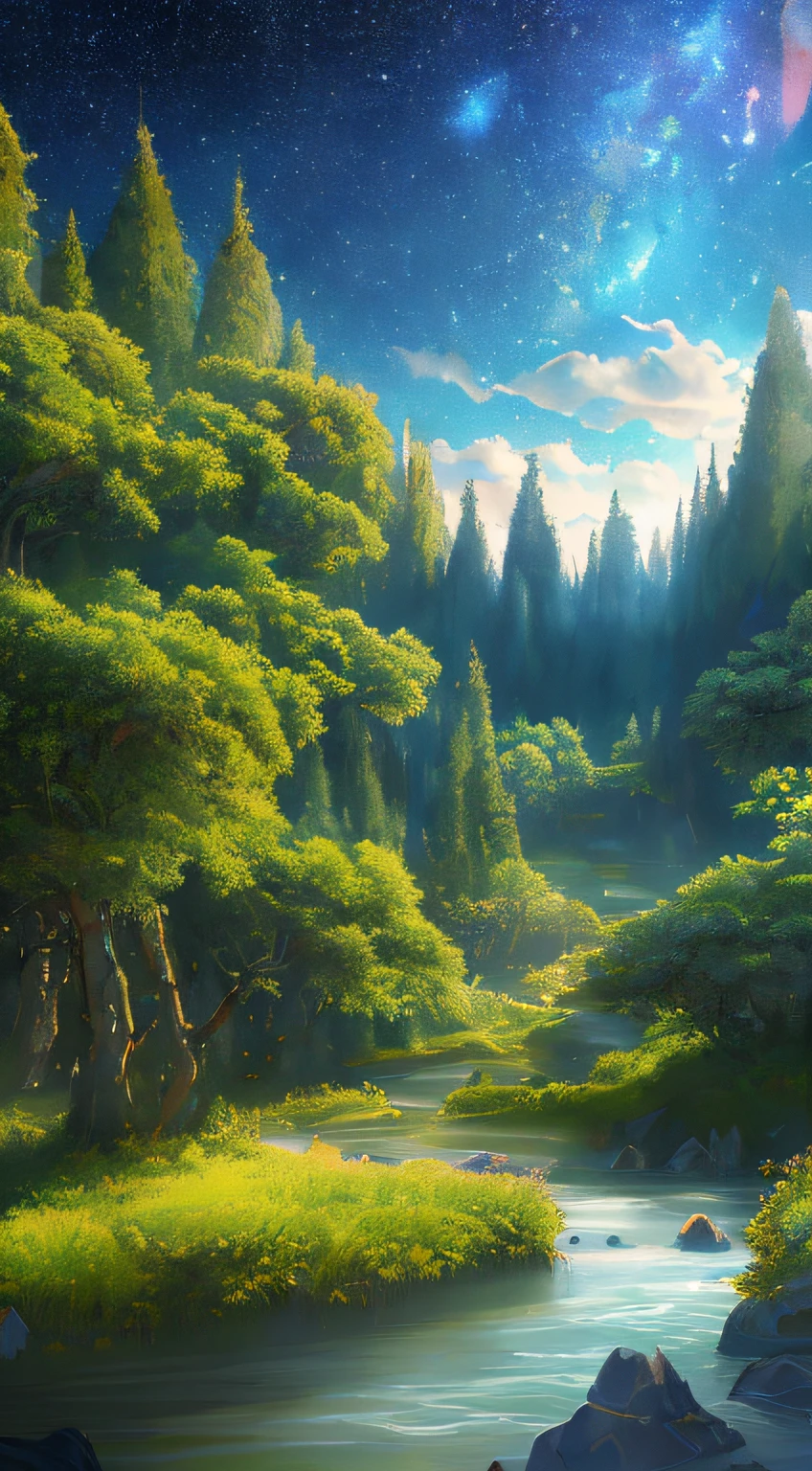Illustration of a surreal, otherworldly, hyper sky scene including a giant crystal tree full body, highly detailed and magical lighting, intricate forest details, vegetation and surrounding river, solar punk, landscape, giant tree , beautiful green leaves, beautiful lighting and realistic proportions, as if this is a movie background, 8k, highest quality, masterpiece, clouds and stars in the sky.