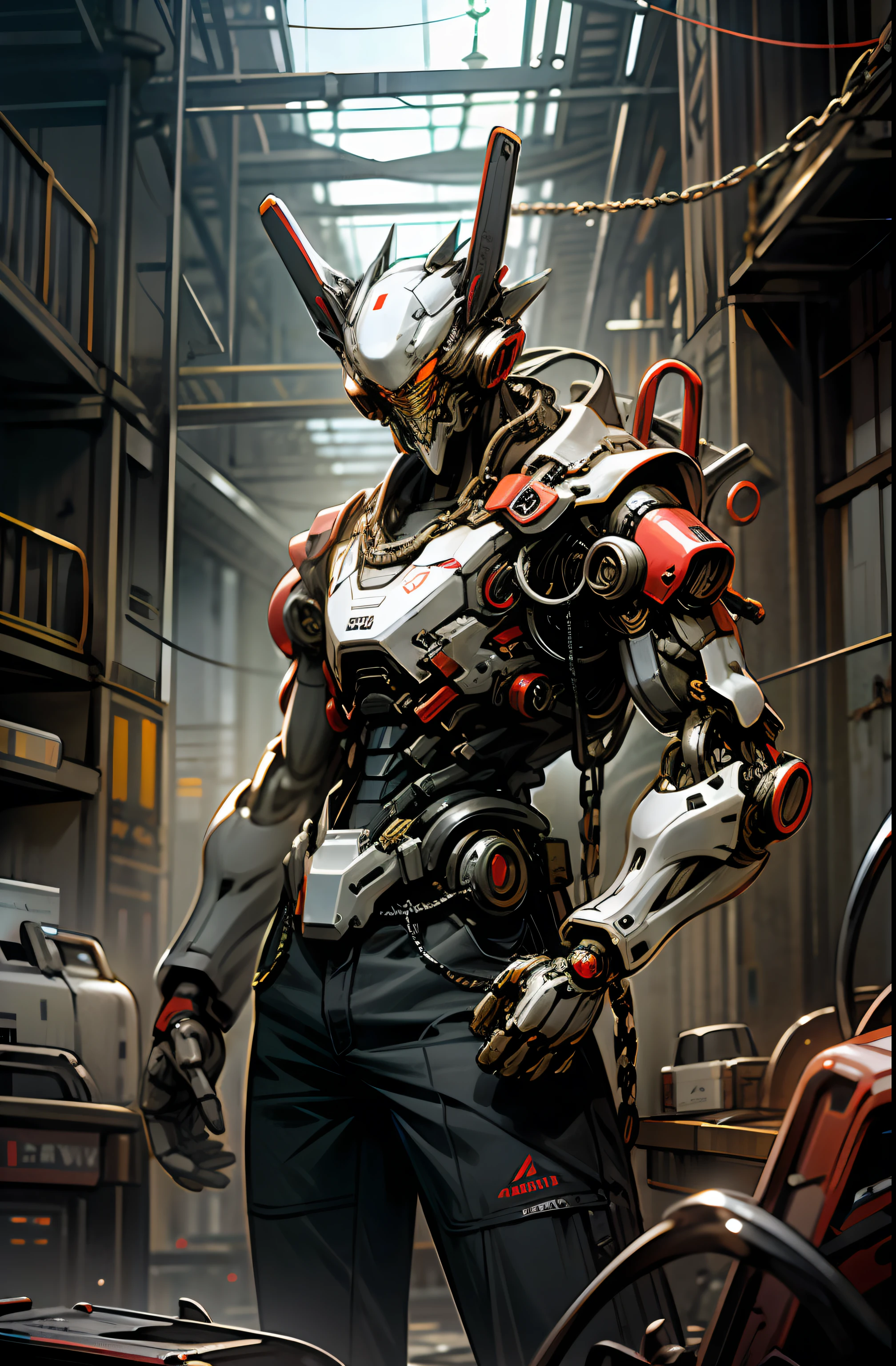Dark_Fantasy,Cyberpunk,(chain saw,chain saw man,Red:1.1),1man,Mechanical marvel,Robotic presence,Cybernetic guardian,