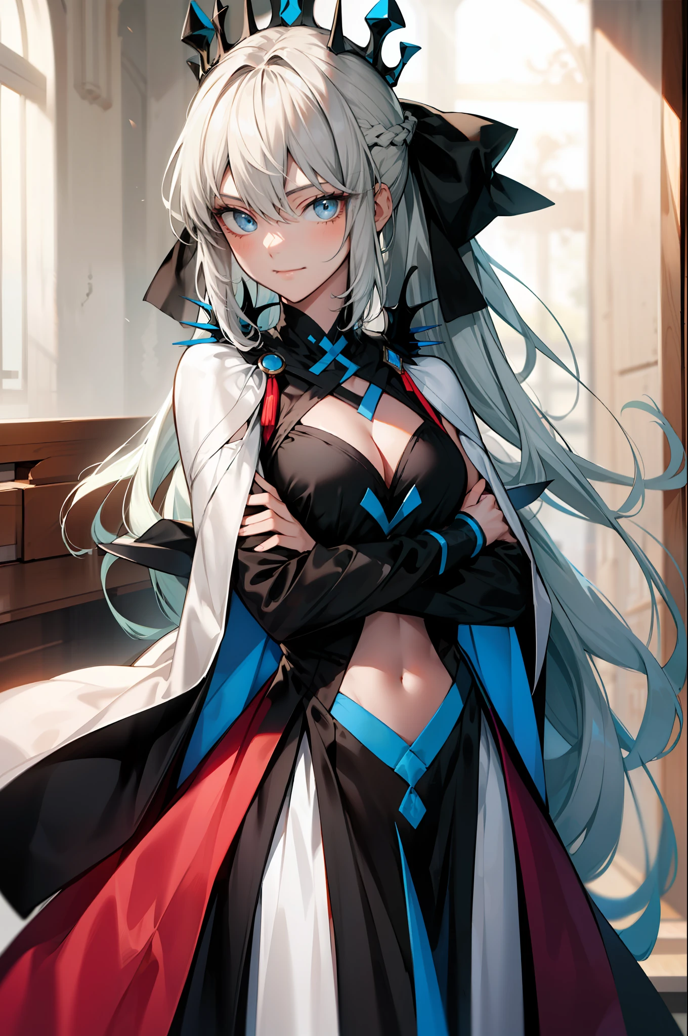 (Masterpiece, Best Quality:1.2), Cowboy shot, 独奏, a 1girl, morgan le fay, slight smile, closed mouth, looking  at viewer, crossed arms, long grey hair, braid, pony tail, Hair Bow, crown, veil, morgandef, two-tone dress, black dress, clothing cutout, stomach cutout, cleavage