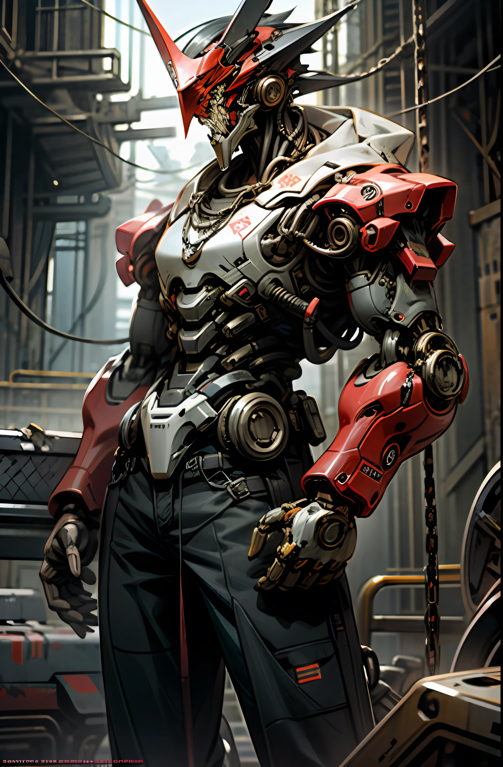 Dark_Fantasy,Cyberpunk,(chain saw,chain saw man,Red:1.1),1man,Mechanical marvel,Robotic presence,Cybernetic guardian,