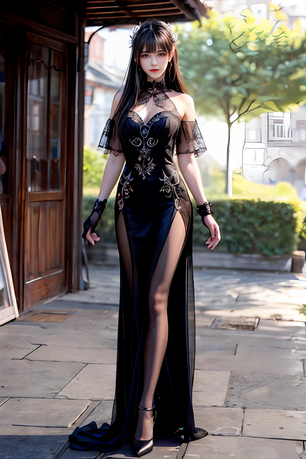 masterpiece,best quality,(detailed face, perfect face, perfect eyes, realistic eyes, perfect fingers),(clear face),fantasy girl,long hair,hair ornaments,looking at viewer,outdoors,intricate,high detail,sharp focus,dramatic,beautiful girl,full body,standing
black dress,black gloves,pantyhose,