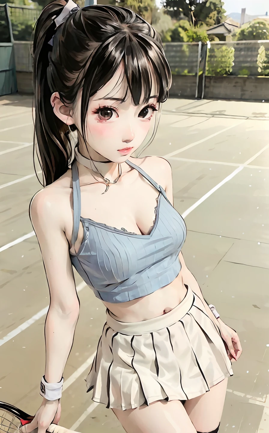 Close up of，White suspenders，Clothes translucent，The expression of kissing，shylily，Seduce men，pubic hair peek，Double ponytail，Bows tied in hair，Lori，underage，pupils，Athletic posture，Playing ball，Narrow waist, tennis cosplay，(tennis court:1.3)tennis cosplay，（pleated super short skirt：1.4），（thighlet：1.3），（Extreme heat：1.5），（humidity：1.3），（inside room：1.3），1 girl，pupils，Background bokeh，semi-nude，shylily，Seducting，Cleavage，(Detailed eyes), of the best quality, ultra-detailed detailed, nmasterpiece, (Detailed face)，Ancient wind，