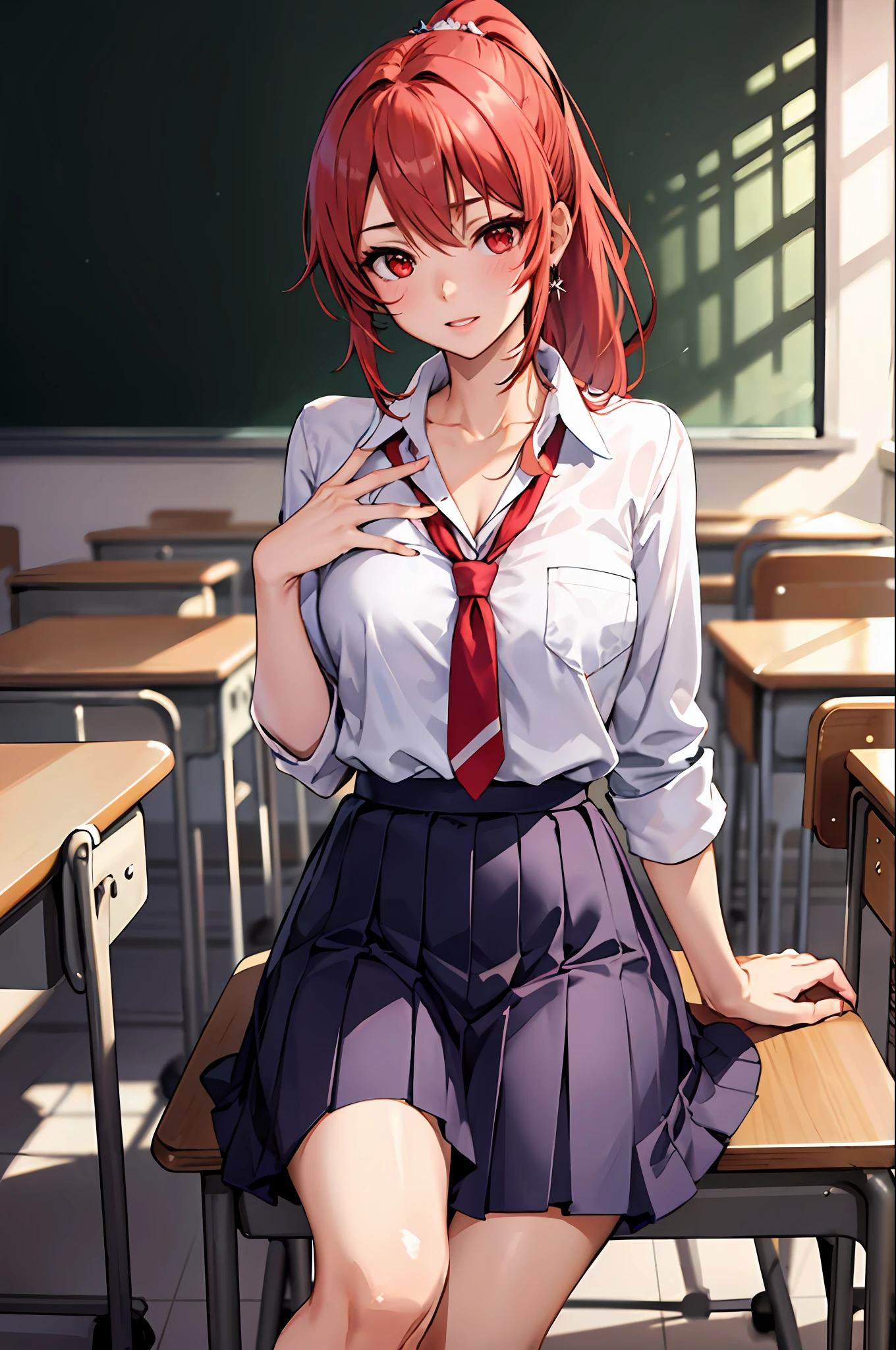 (masterpiece:1.2, best quality), 1lady, solo, school uniform, classroom, day, sit, red hair, ponytail, red eyes, open collabone, gyaru, open chest