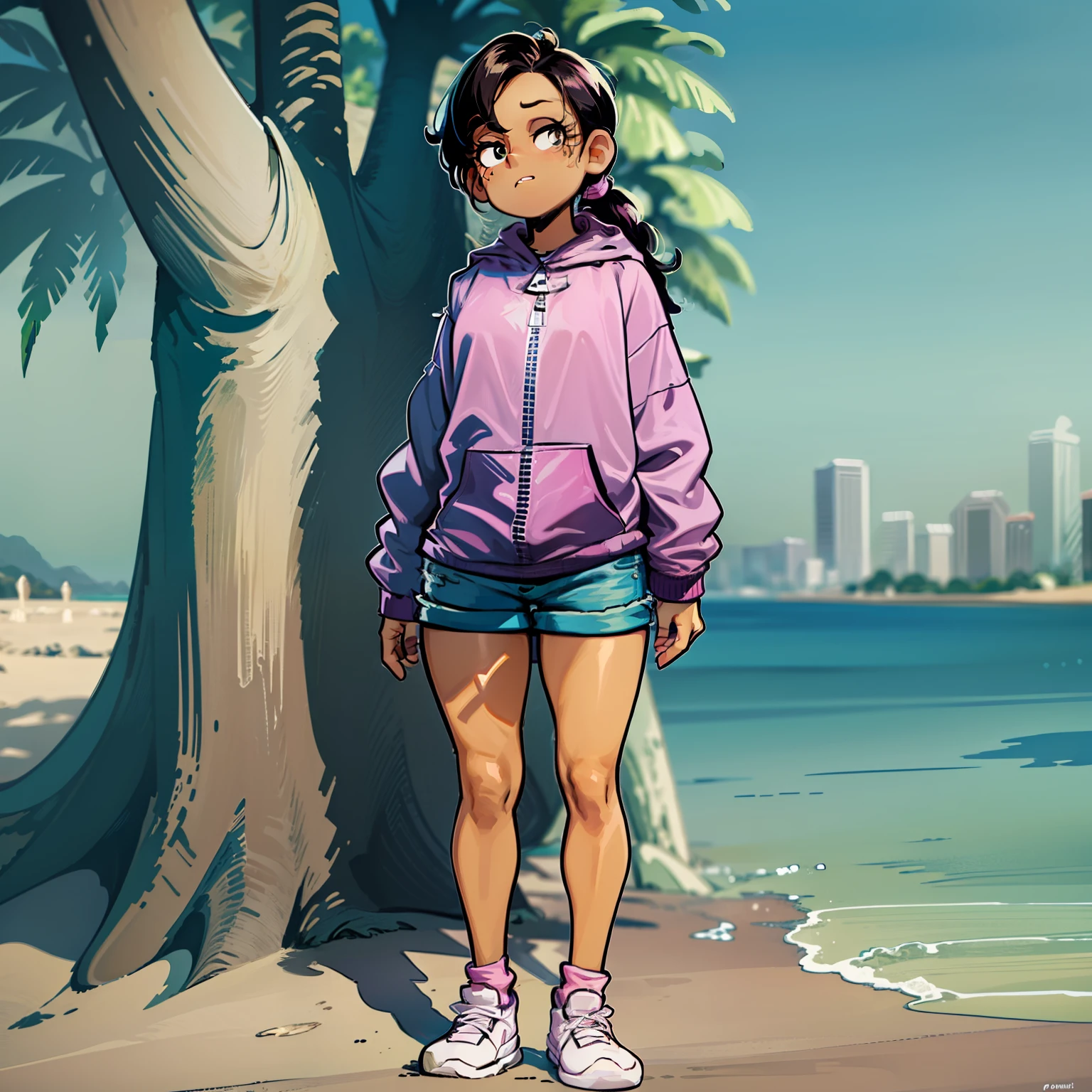 Ronnie Anne, hoodie, shorts, black eyes, ponytail, tanned skin, full body, curvy arms, defined legs, beautiful, pose, in the beach, long socks, curvilinear legs, standing near the water