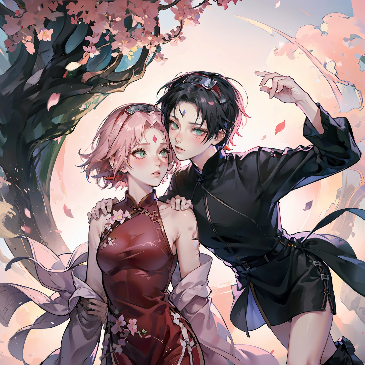 Footage of two people kissing。Girls with short pink hair in cherry blossoms,Red slim cheongsam,The forehead has a purple prismatic mark,black short shorts。The boy is black Uchiha Sasuke hairstyle,black color hair,Wearing a black cape。Naruto style --auto