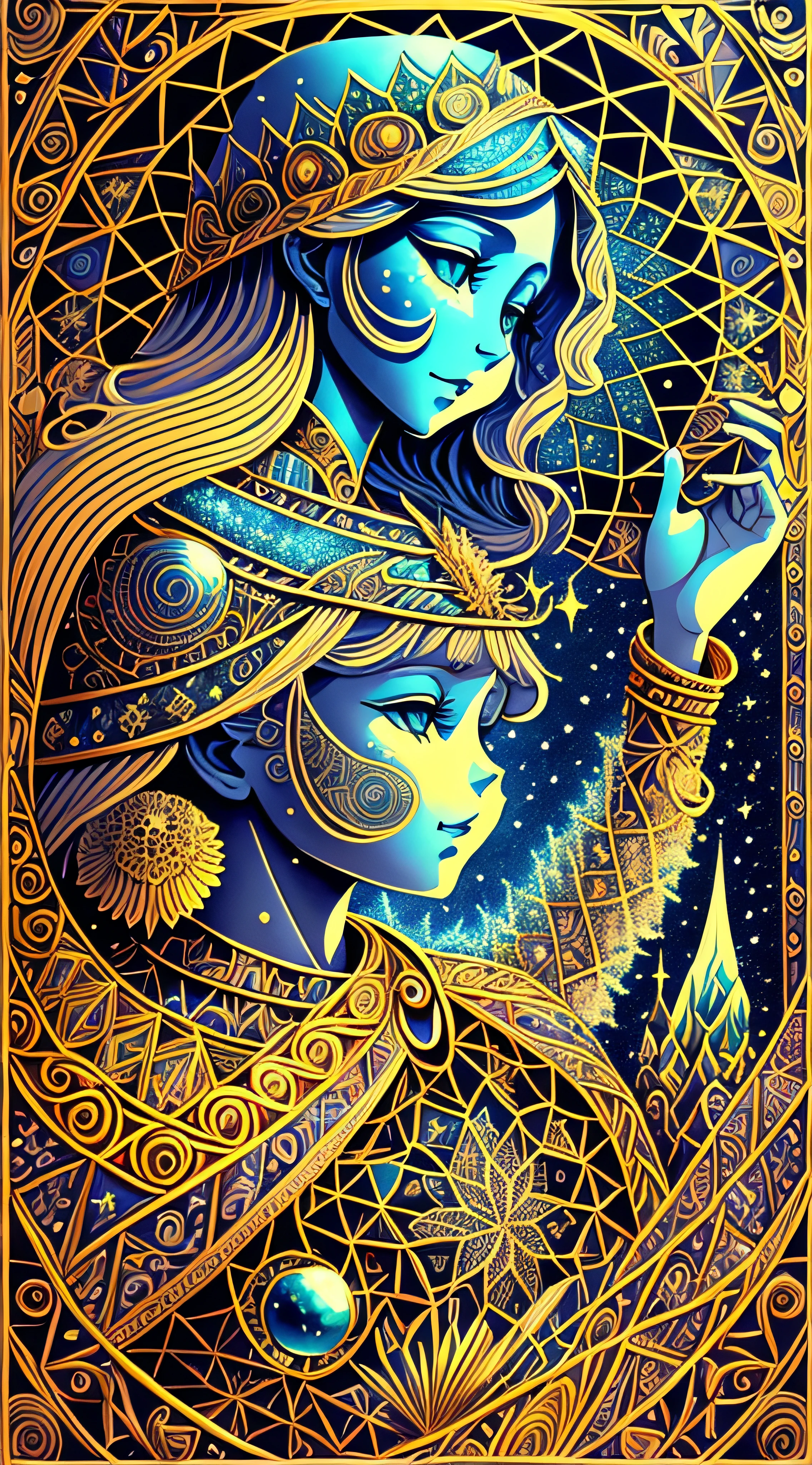 (masterpiece, top quality, best quality, official art, beautiful and aesthetic:1.2) , blue skin godess and god ,extreme detailed,colorful,highest detailed, official art, unity 8k wallpaper, ultra detailed, beautiful and aesthetic, beautiful,fractal art, masterpiece, best quality, (zentangle, mandala, tangle, entangle) ,holy light,gold foil,gold leaf art,glitter drawing, PerfectNwsjMajic ,dwelling place of ancient beings ,as above so below ,hyperdimension ,panorama view,dept and field ,timetraffeling , past and future form,formless,dimension x , protoculture ,symbiosis,Epic cinematic brilliant stunning intricate meticulously detailed dramatic atmospheric maximalist realistic organic climactic effervescent bubbling dripping splashing exploding bubbles of firework and rocks,astrology signs ,tarot , Lady Frieda Harris .