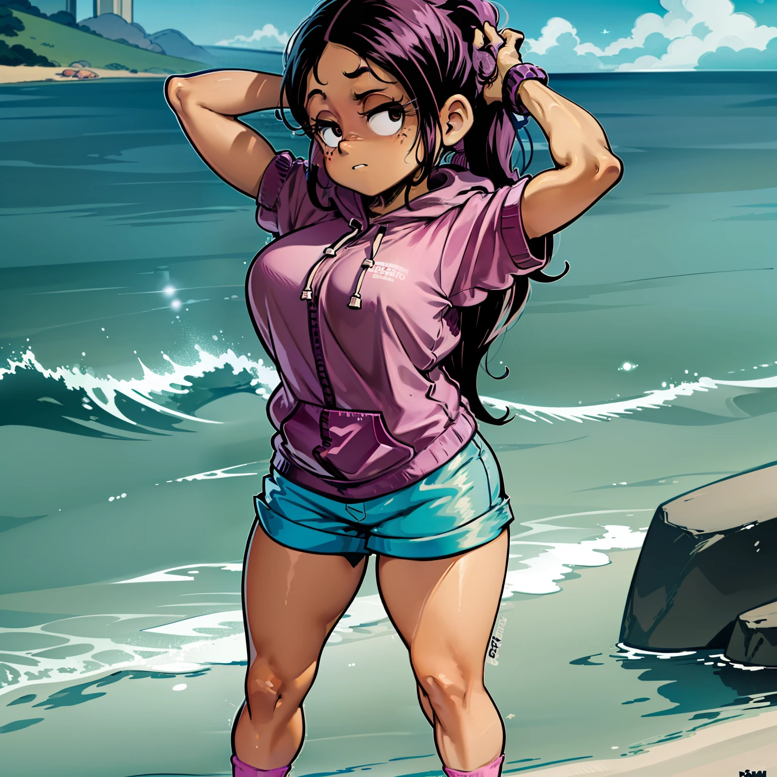 Ronnie Anne, hoodie, shorts, black eyes, ponytail, tanned skin, full body, curvy arms, defined legs, beautiful, pose, in the beach, long socks, curvilinear legs, standing near the water