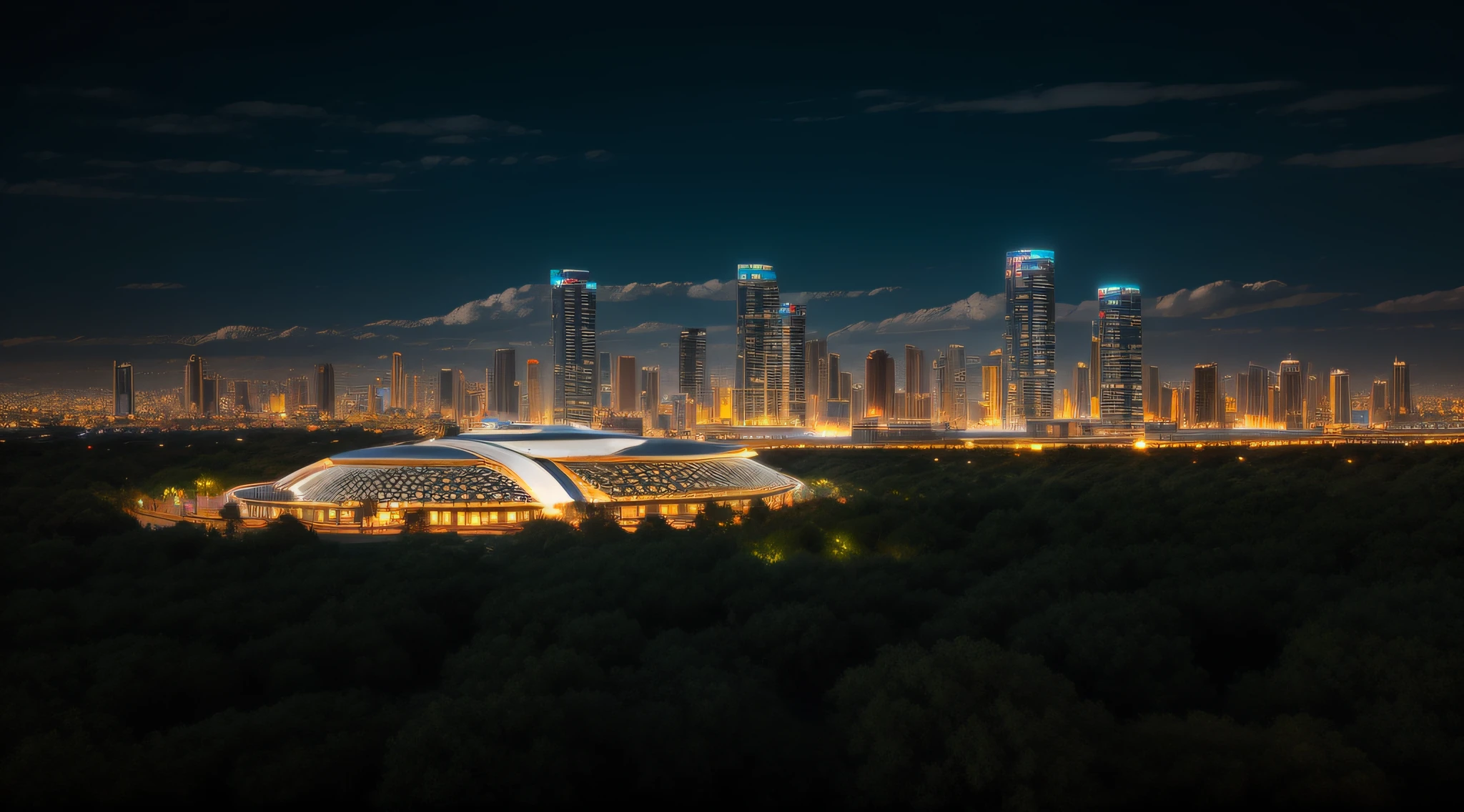 Ciudad futurista. Luminosa. Neones. Edificios de cristal y metal. Reflejos, metalizado. Parque, naturaleza, estanque. Muy detallado. Estilo anime. dynamic lights. volumetric clouds. Noche.