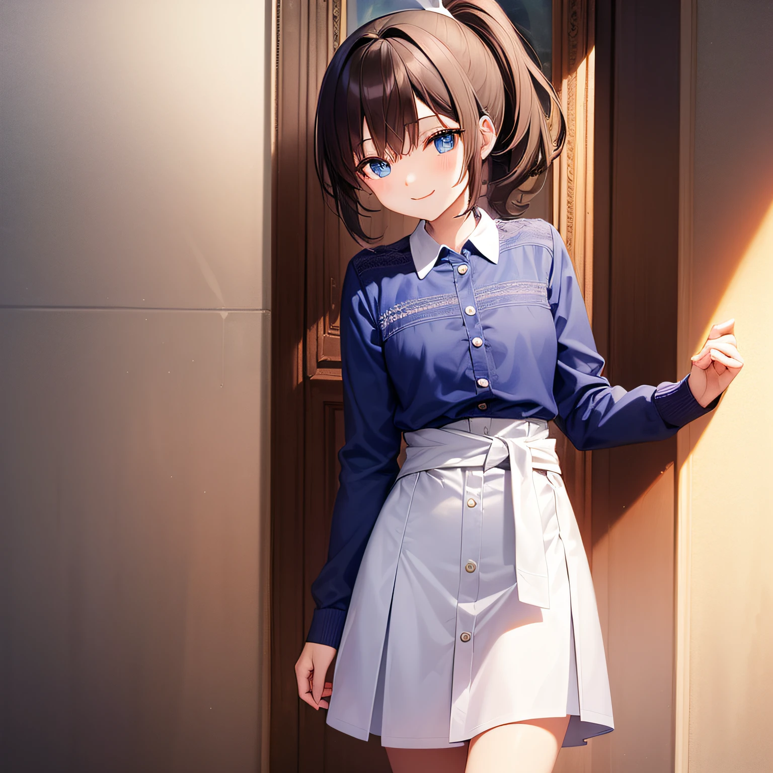 Top quality, very delicate and beautiful, girl, , (dark brown hair), blue clothes with vertical buttons, belt at the waist, white skirt, (ponytail)), (white hair band), (brown boots), blue eyes, standing, smile