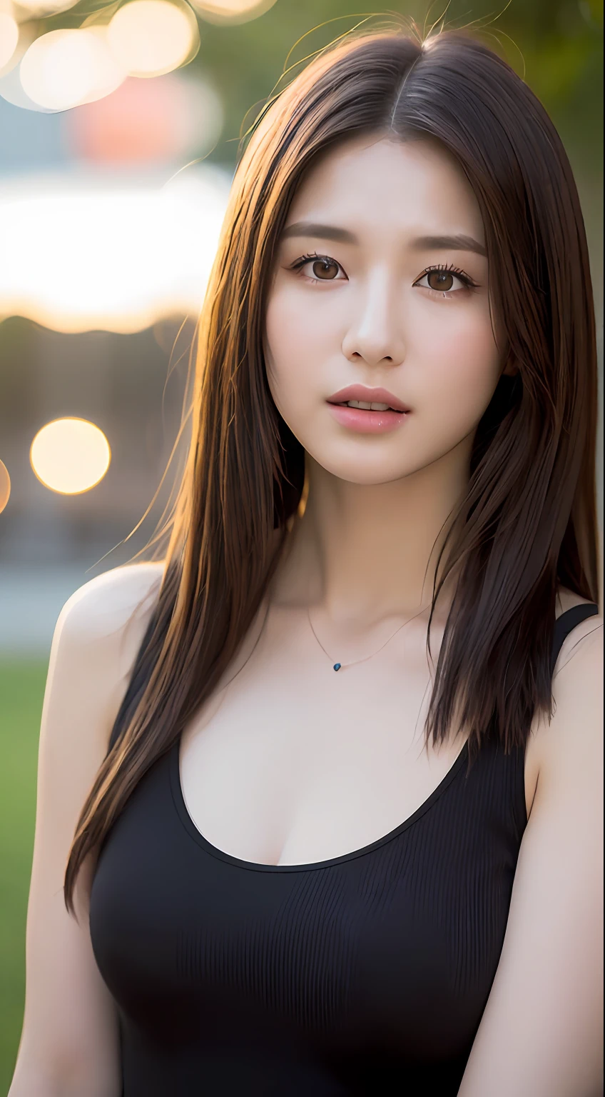 ((Realistic lighting、HighestQuali、8K、巨作:1.3))、Clear Focus:1.2、1girls、Perfect figure:1.4、Slim abs:1.1、((dark brown hair))、(onepiece)、(al fresco、夜晚:1.1)、the met、Super fine face、Narrow-eyed、Double eyelidd、