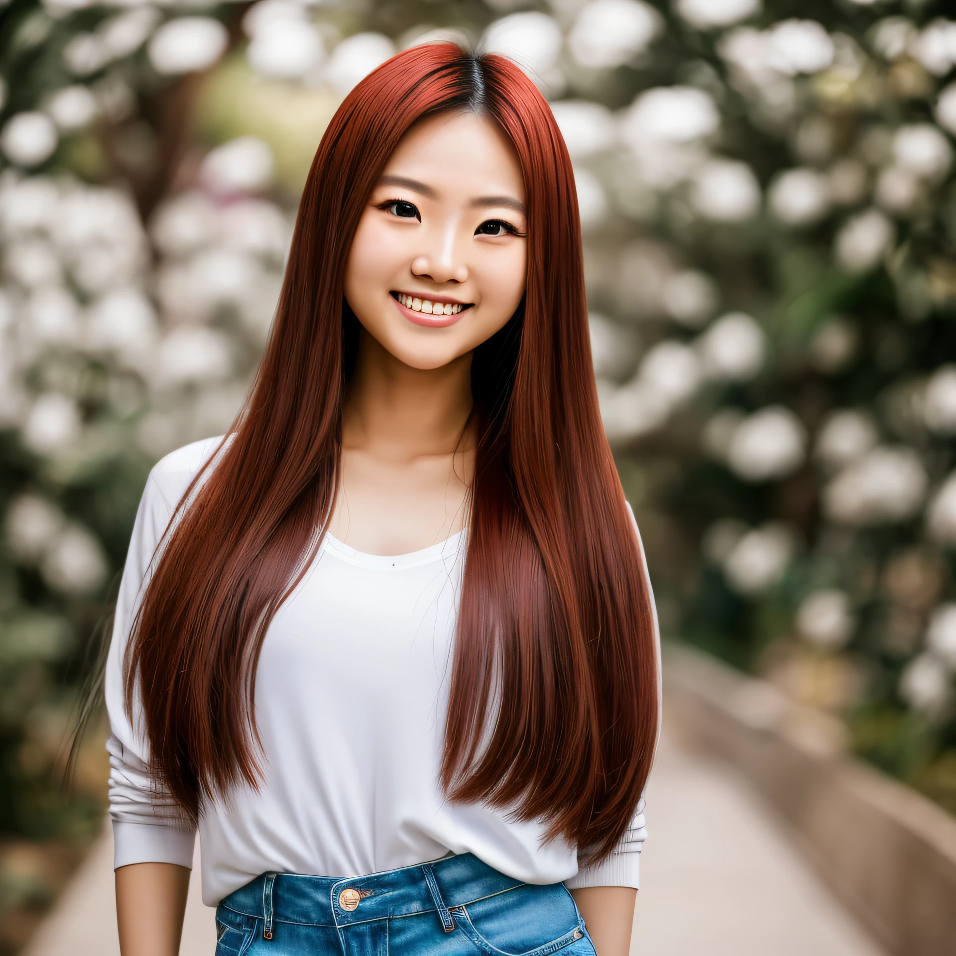 (Masterpiece), (RAW photo, best quality), Taiwanese female idol, shot in 2.4K with F2.4 aperture and 8mm lens, super realistic facial expression, close-up shot, shooting full body, tight, long legs, oversized, white skin, full body photo, long red hair, smile, straight teeth, super large blue eyes --auto