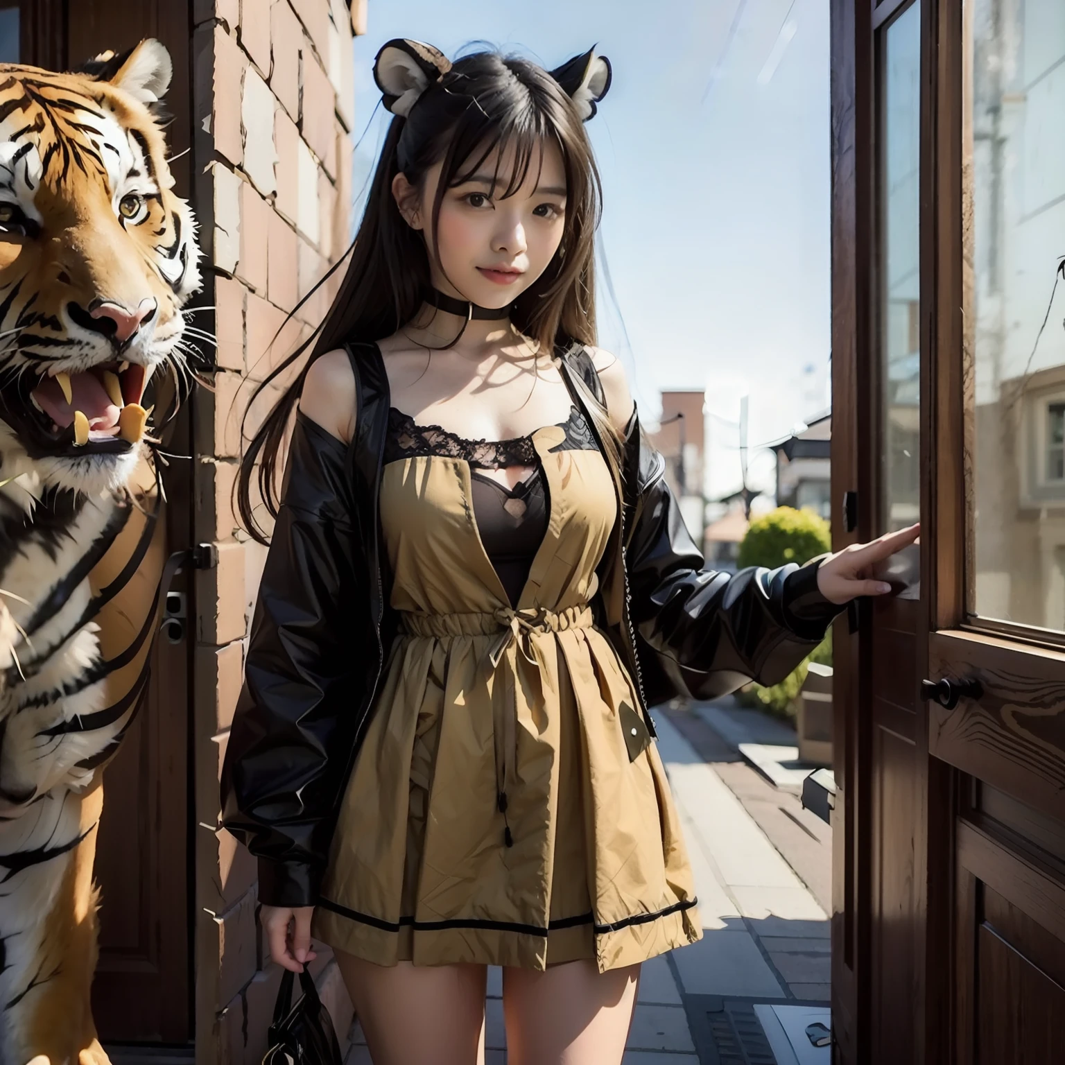 there is a woman standing next to a tiger in a doorway, attractive cat girl, An ultra-high picture quality、a photo、Beautiful Japan Woman、Giant tits