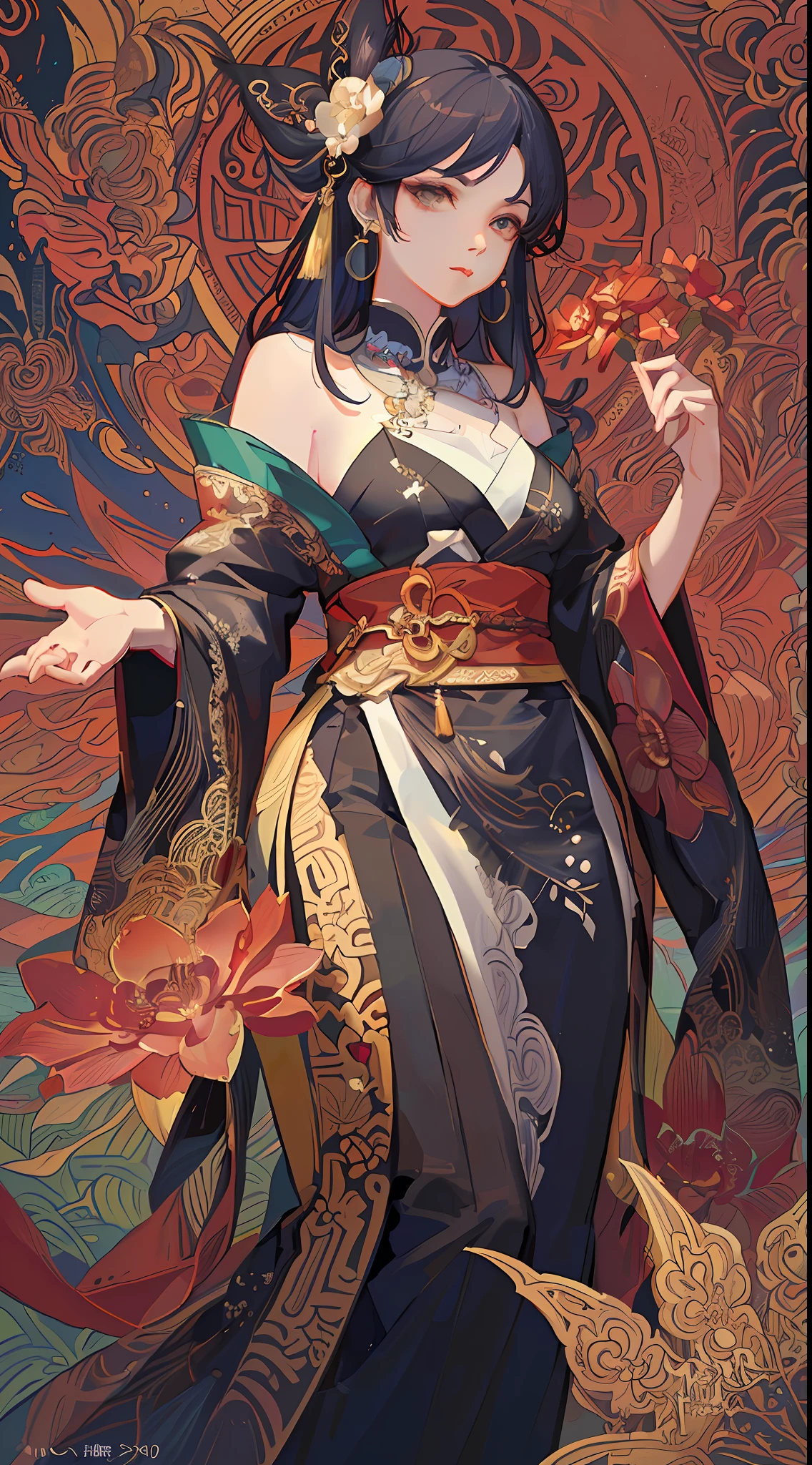 Anime - Style woman in traditional clothing,Holding a flower in his hand, alphonse mucha and rossdraws, Beautiful character painting, by Yang J, Onmyoji detailed art, Guweiz on ArtStation Pixiv, extremely detailed artgerm, Detailed digital anime art, artwork in the style of guweiz, 8K high quality detailed art