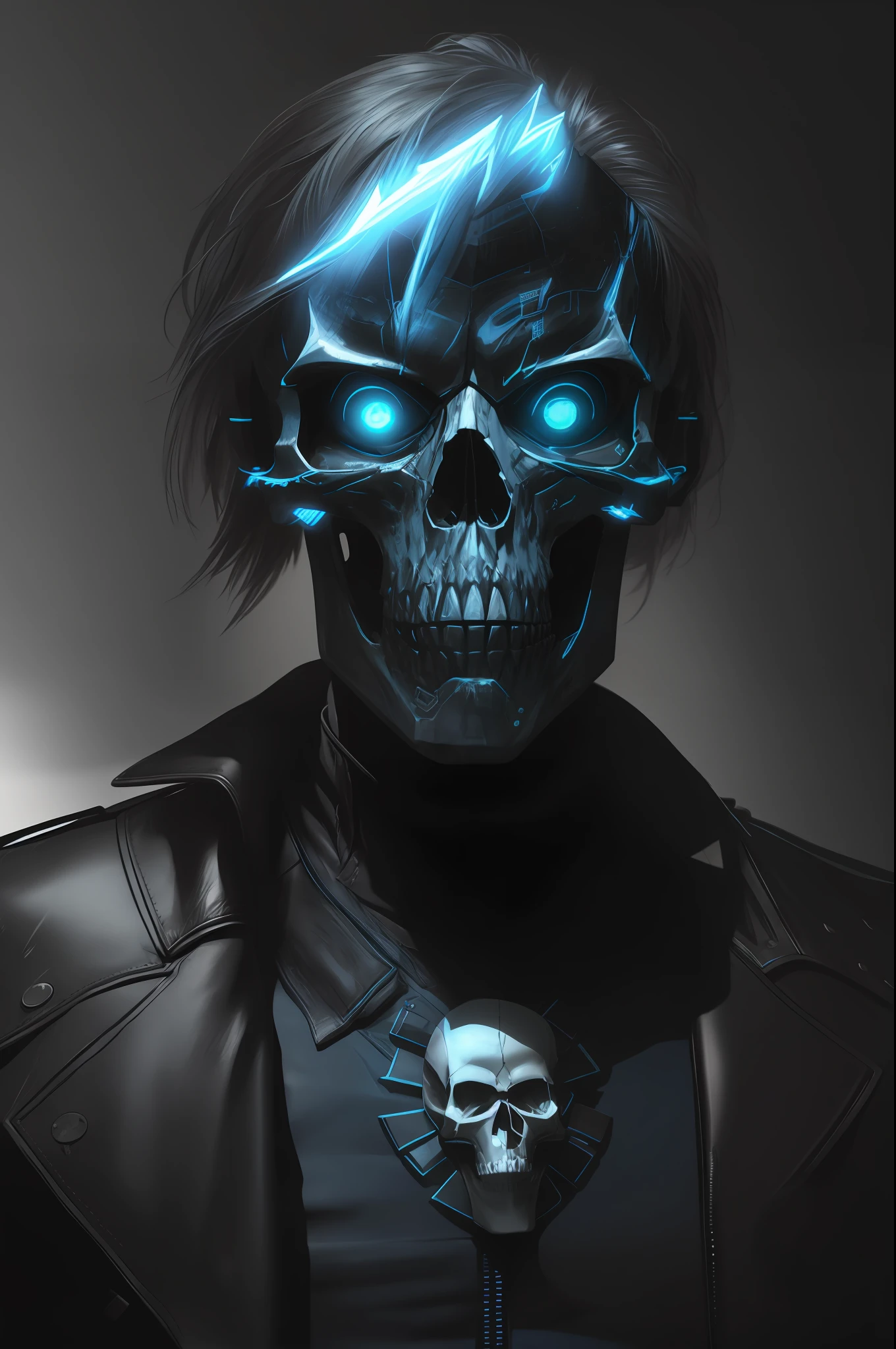 skull with blue eyes and a leather jacket on, esqueleto cyberpunk, Retrato do Exterminador do Futuro, arte conceitual escura fotorrealista, portrait of a cyber skeleton, Arte digital escura, mas detalhada, esqueleto do exterminador, black octane render, skull like, Retrato de Ceifador Sombrio, irreal 5. retrato de rpg, Arte do Exterminador do Futuro, skull face, retrato de fantasia escura, 3 d render arte do caractere 8 k