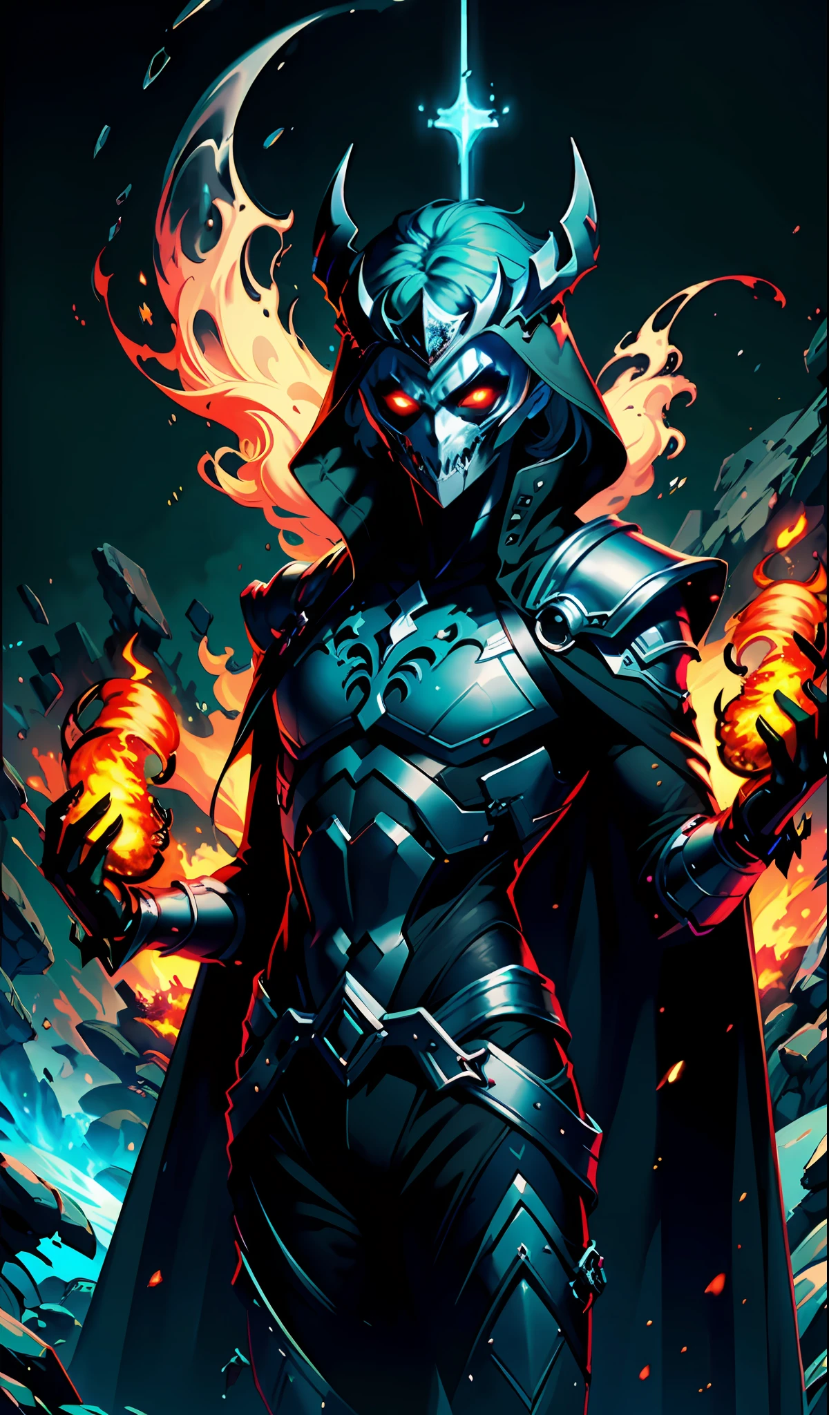 (extremely detailed CG unity 8k wallpaper, masterpiece, best quality, ultra-detailed), (Heaven: 0.6 + Hell + Ghost: 1.2 + Hades: 1.5+ Underworld: 1.4), King of Yan, Throne, Crown, Green Clothes, Mask, Dill Red Light, Flames, Underworld Background, HD Sharp, Extremely Realistic.