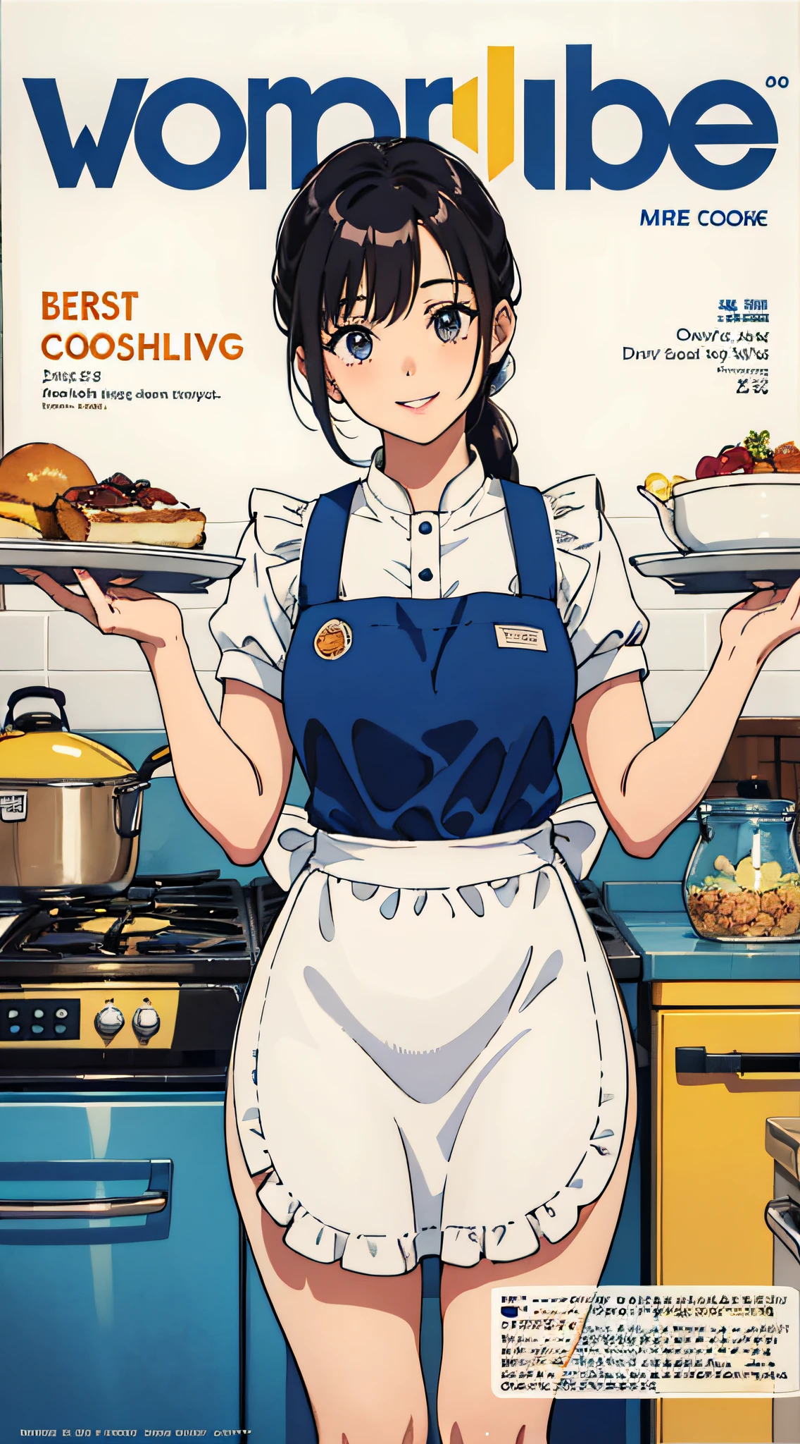 (Best Quality, Masterpiece), Women's Cooking Magazine Cover, 1girl, 20 years old, stunning, cute, warm smile, hourglass figure, floral dress, apron, food, text, chart, advertising, magazine title