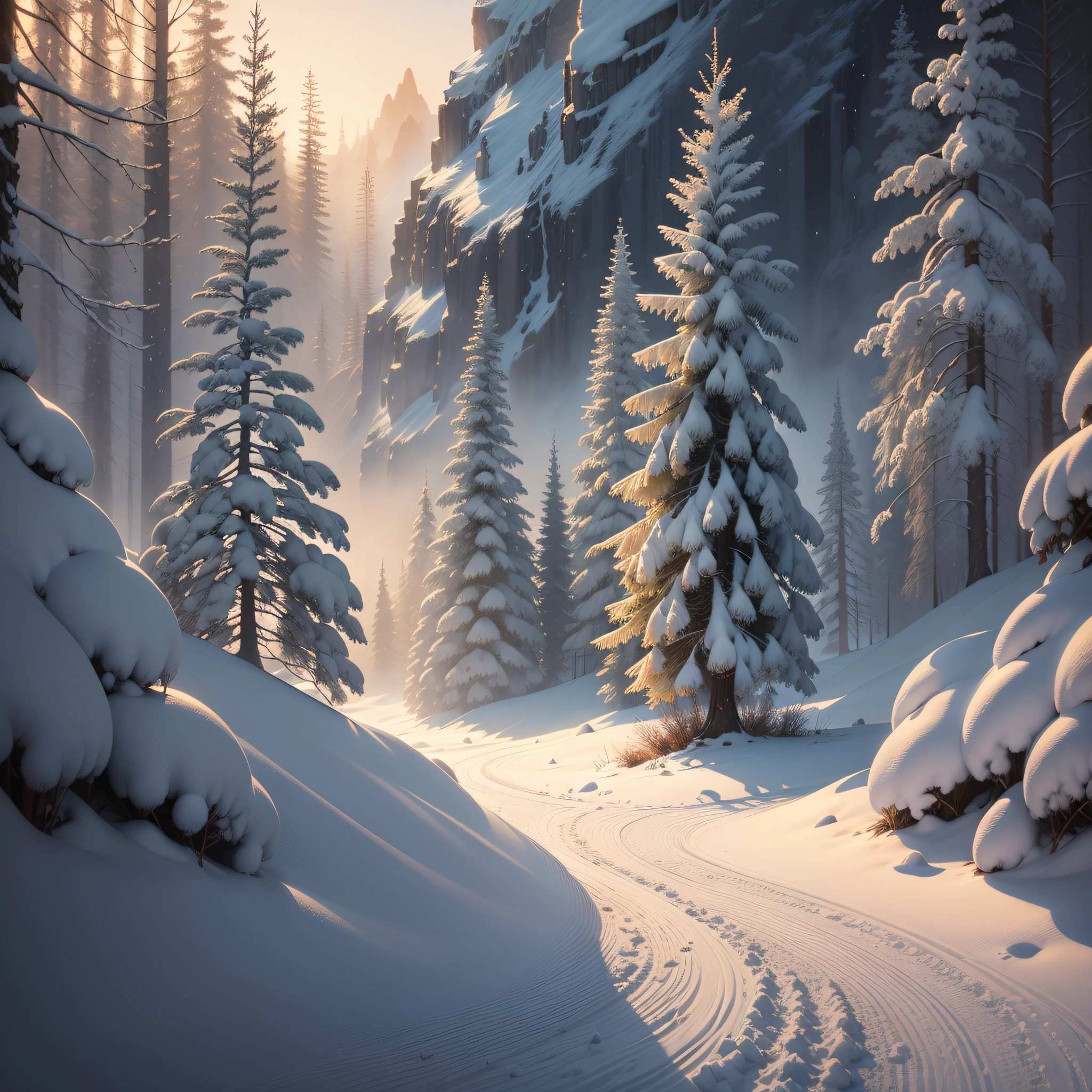 there is a tree that is standing in the snow, a beautiful artwork illustration, Arte conceitual de inverno, Jen Bartel, stylized digital illustration, fantasia de cena de inverno, Highly detailed illustration, made of tree and fantasy valley, inspirado em Eyvind Earle, in style of digital illustration, landscape illustration, arte estilizada muito coerente, mystic winter landscape, high detailed illustration