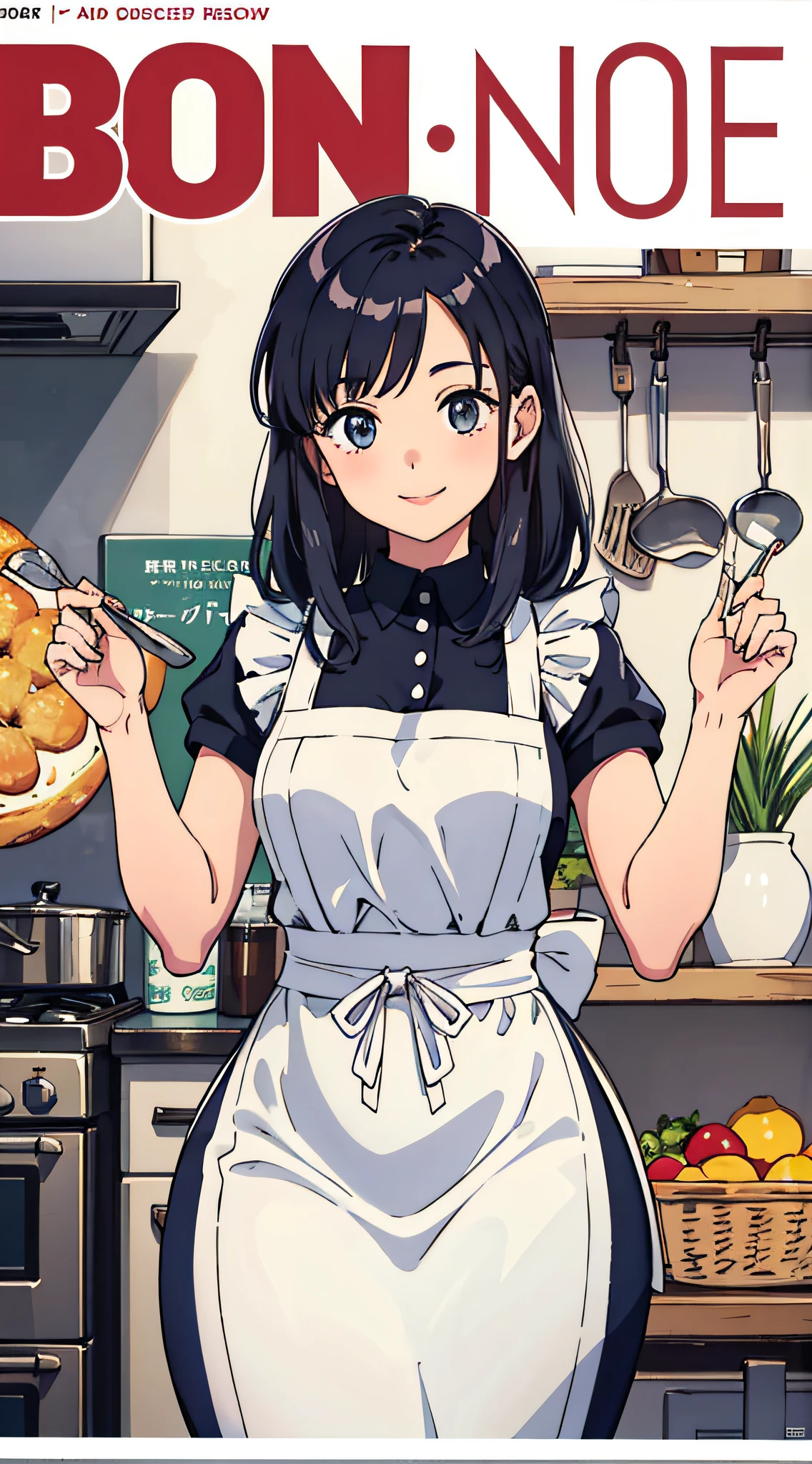 (Best Quality, Masterpiece), Women's Cooking Magazine Cover, 1girl, 20 years old, stunning, cute, warm smile, hourglass figure, floral dress, apron, food, text, chart, advertising, magazine title