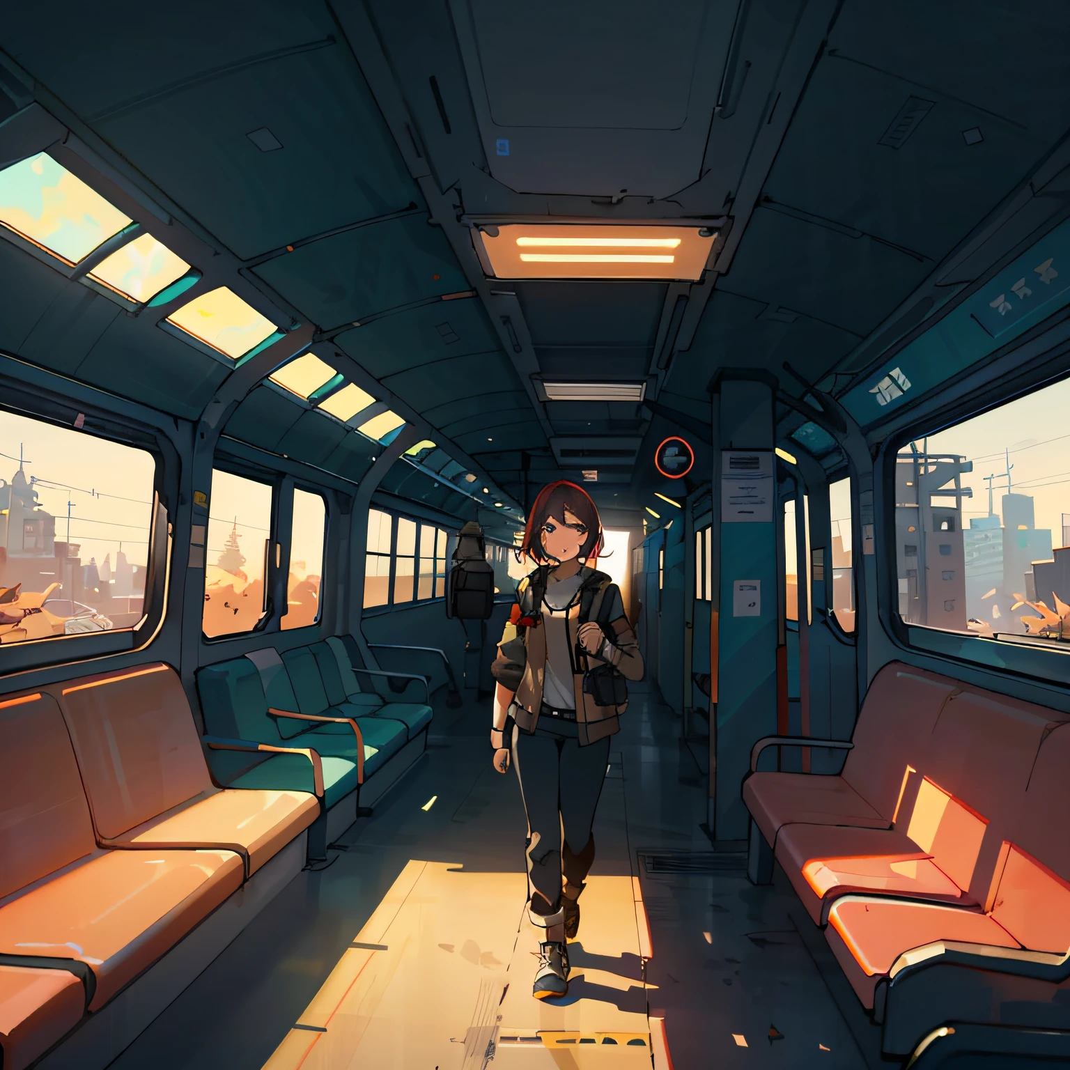 there is a woman walking down a train with a backpack, style of alena aenami, in style of laurie greasley, cyberpunk elevated train, stylized urban fantasy artwork, cinematic matte illustration, low detailed. digital painting, inspired by Alena Aenami, detailed 2d illustration, by sylvain sarrailh, inspired by sylvain sarrailh. art of Ismail inceoglu