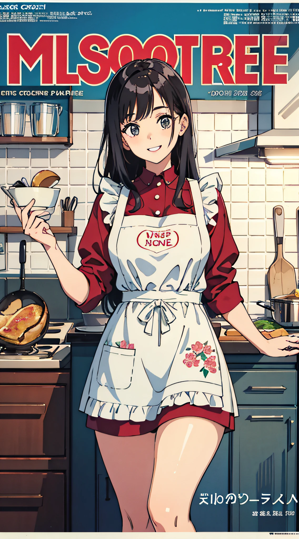 (Best Quality, Masterpiece), Women's Cooking Magazine Cover, 1girl, 20 years old, stunning, cute, warm smile, hourglass figure, floral dress, apron, food, text, chart, advertising, magazine title
