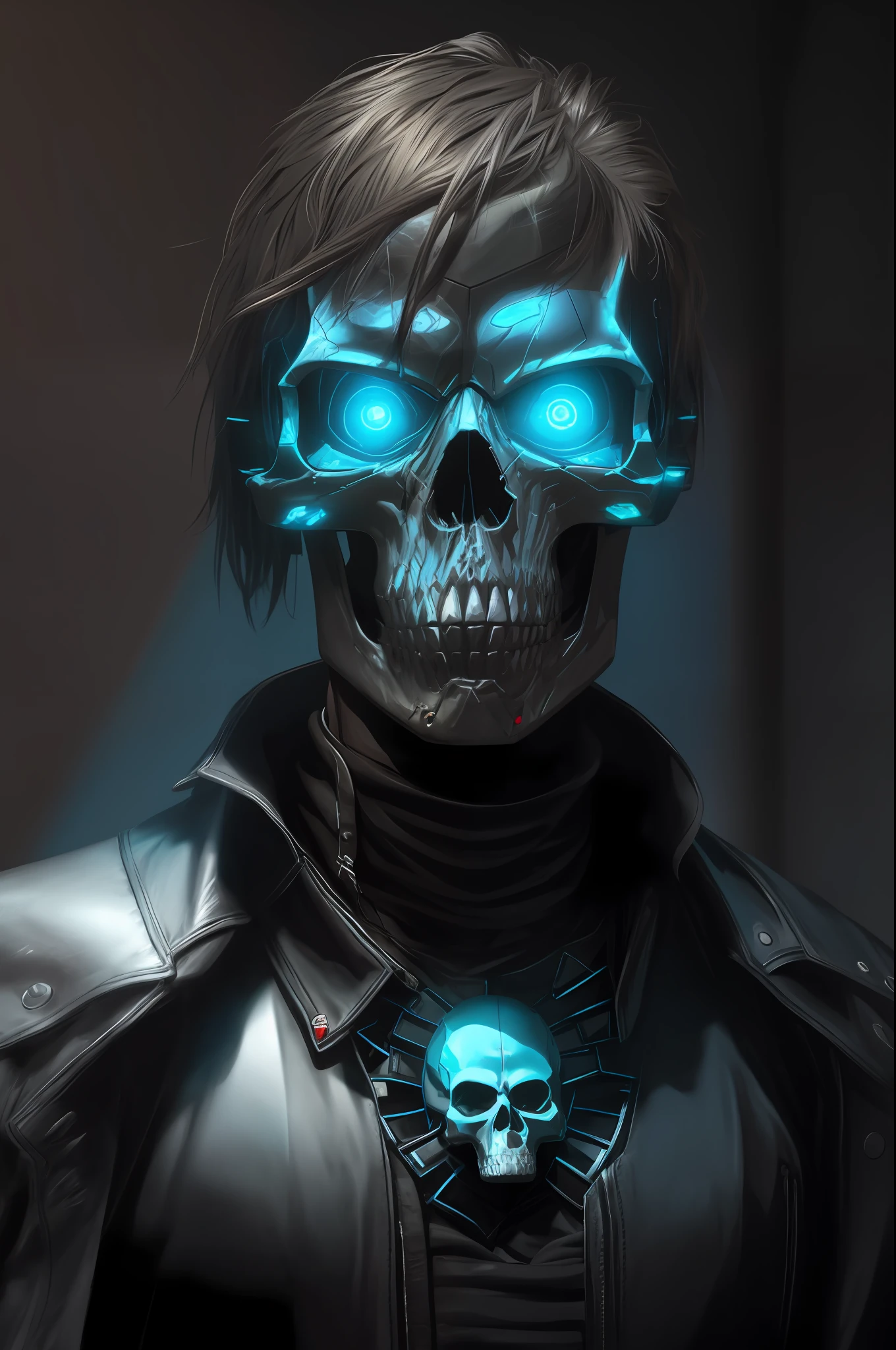 skull with blue eyes and a leather jacket on, esqueleto cyberpunk, Retrato do Exterminador do Futuro, arte conceitual escura fotorrealista, portrait of a cyber skeleton, Arte digital escura, mas detalhada, esqueleto do exterminador, black octane render, skull like, Retrato de Ceifador Sombrio, irreal 5. retrato de rpg, Arte do Exterminador do Futuro, skull face, retrato de fantasia escura, 3 d render arte do caractere 8 k