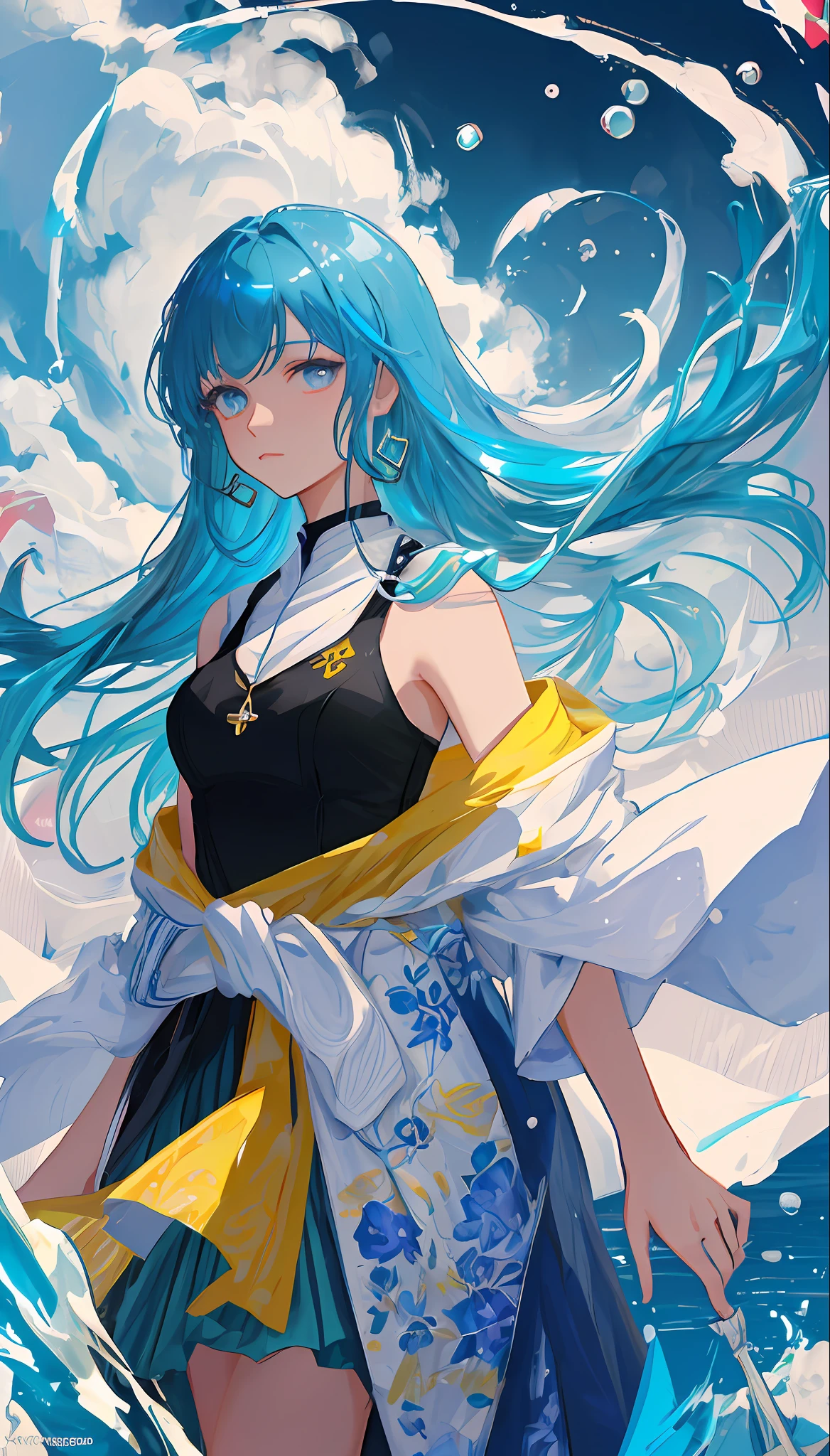 (masterpiece), (best quality), (ultra detailed),(disheed hair),(illustration), (1girl), (Fashionable clothing), standing, Fashion model, looking at viewer, (interview), (simple background),beautiful detailed eyes,Delicate and Pretty Face,afloat,(high saturated),(Colorful splashes),Colorful bubbles,(shine),focus on face,Ayaka Kamisato,Light blue hair,hair bangs,Hair rings,Floating flowers,Floating hair。gal girl, anime waifu, looking at viewer, highly detailed, reflections transparent iridescent colors, long transparent iridescent RGB hair, artby Serafleur from artstation, thick acrylic,Illustration on pixiv,Portrait of waist up,gorgeous sacred girl,of the best quality,ultra-detailed detailed,Grieving,clever,Nice face,Nice lighting on black background,The character style rendered by Octane,swimsuiti