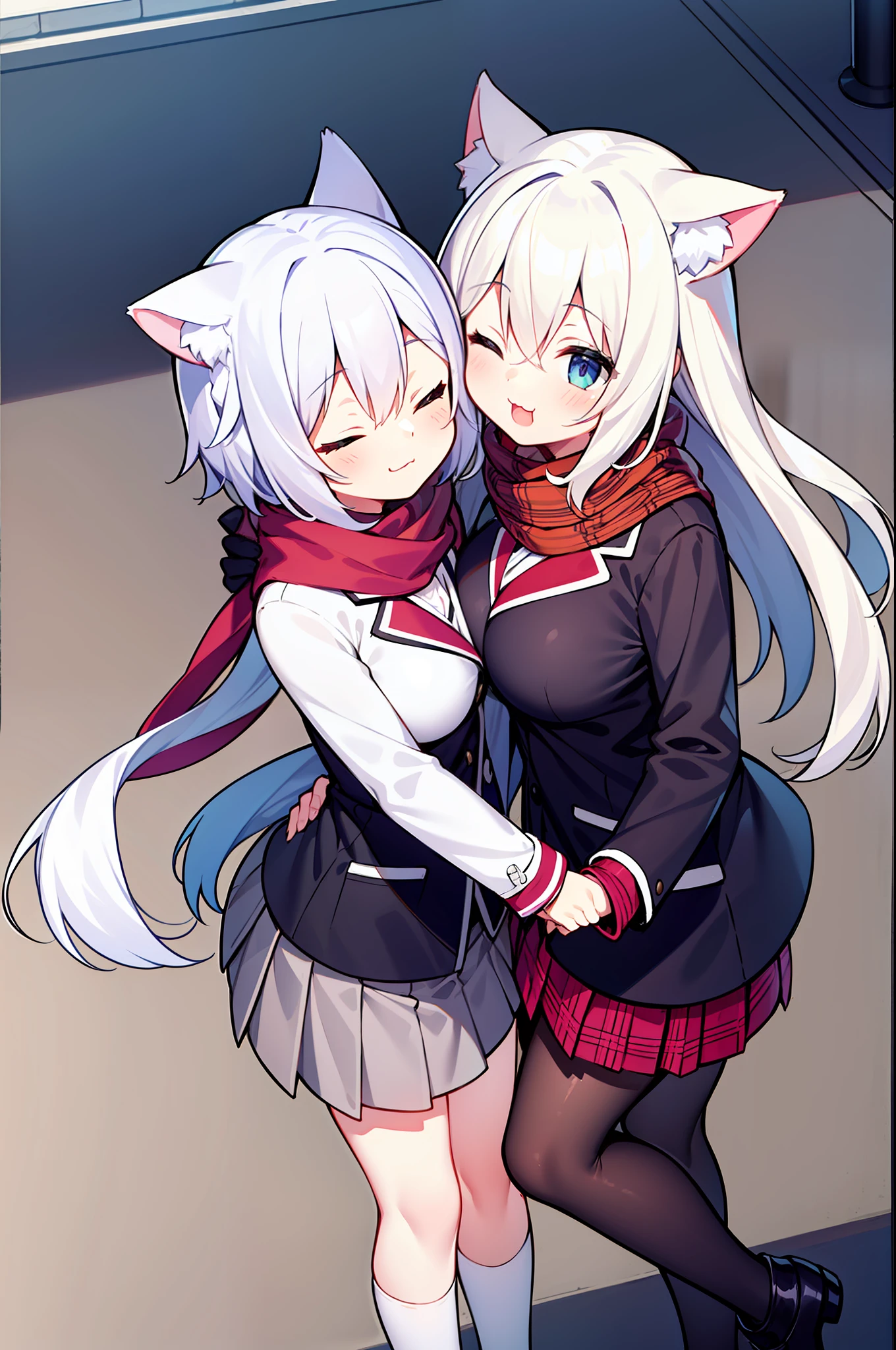 nmasterpiece, need, 1girls, whitehair, Medium long hair, cat ear, Open, looking at the spectator, :3, Cutes, Scarf, Jacket, al fresco, Streets,The viewing angle is down and up，Close your eyes，a short skirt，Black silk big breasts