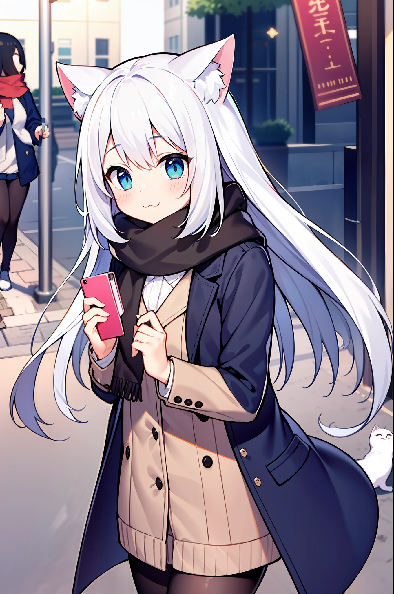 nmasterpiece, need, 1girls, whitehair, Medium long hair, cat ear, Open, looking at the spectator, :3, Cutes, Scarf, Jacket, al fresco, Streets,
