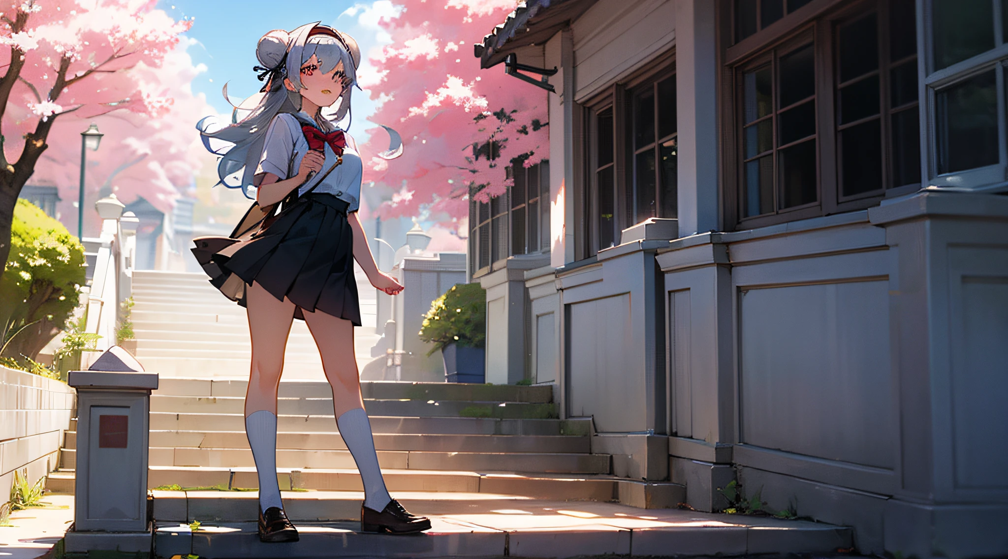 nmasterpiece,最佳质量,Best light and shadow,8K,extremely high res,ultra-detailed detailed,Onegirl,looking at the spectator,Single bun, Beautiful pupils,Long hair, Hairband bow,eyeshadows,silverhair,(Medium breasts),Cutes,lipsticks,Blushlush,School Uniform,Stockings,Sky clouds,Lips closed,There is the sun basking in the sun,School grounds,There are cherry blossom trees around,stairway,Embarrassed expression,to stand,White miniskirt,Casual shoes,Professional photography angle,Thick legs