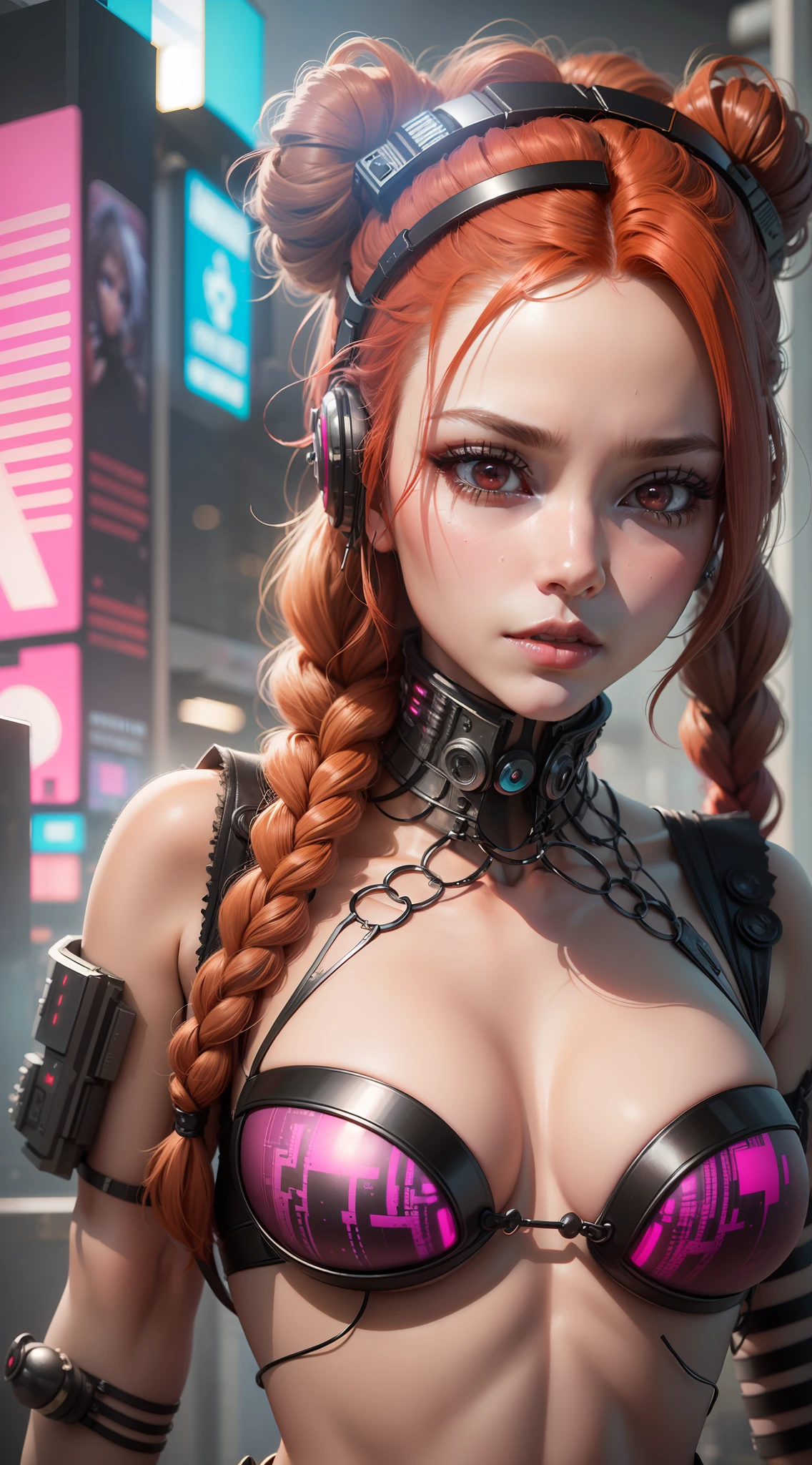 ((best qualitiy)), ((巨作)), (Very detailed:1.3), 3d, belle (Cyberpunk:1.3) Red-haired woman with scarlet red eyes with braids and pearls, arafed dans une combinaison rouge futuriste, collant resille